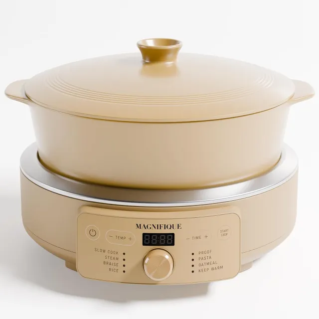 4.5 Quart Slow Cooker, 8-in-1 Casserole Programmable Round Multi-Cooker, Non-Toxic Clay pot Slow Cooker for Rice, Pasta, Steam & Proof, Oven Safe Pot to 500&deg;F, Brown