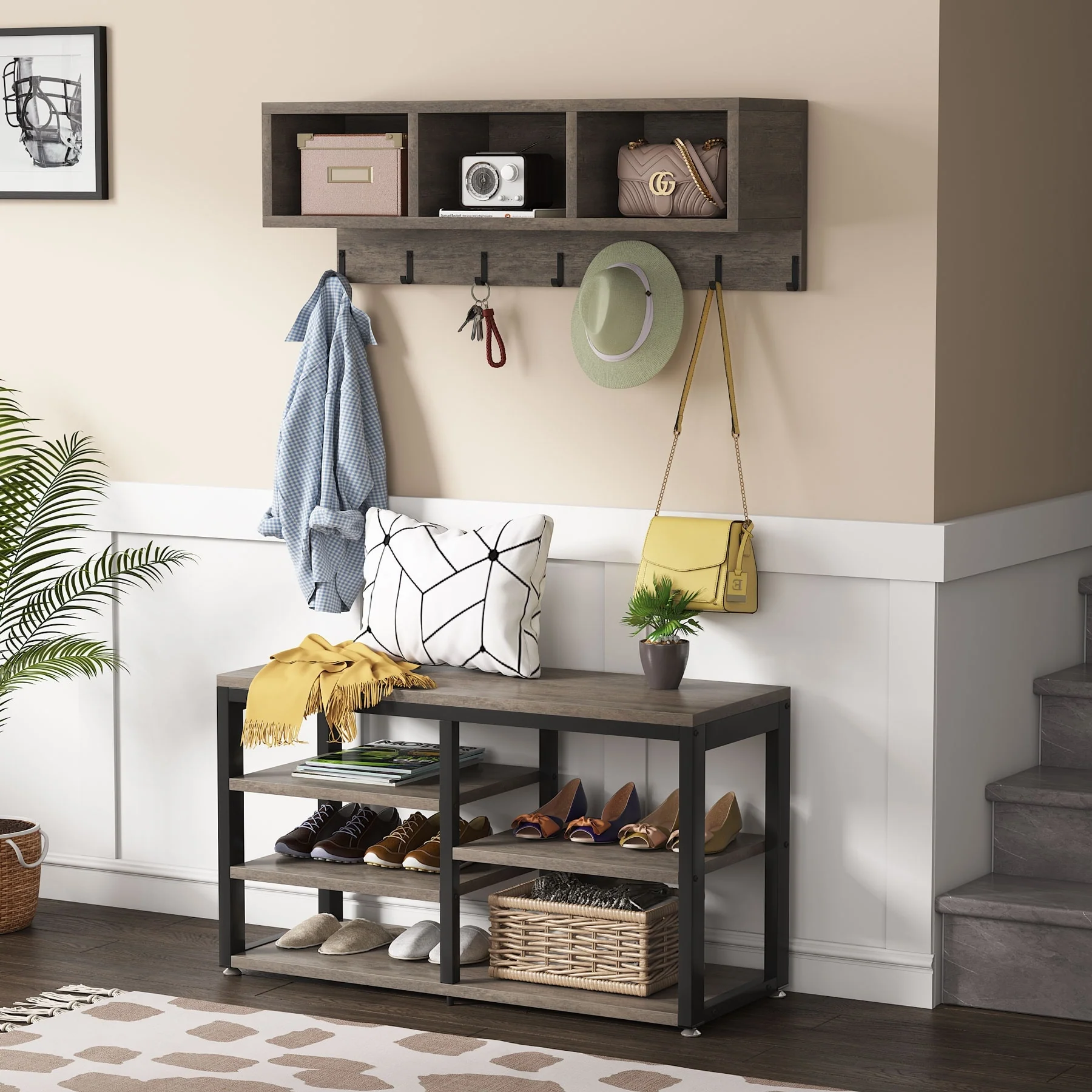 Entryway Coat Rack and Shoe Bench Set, Industrial Hall Tree with Coat and Shoe Storage - Image 24