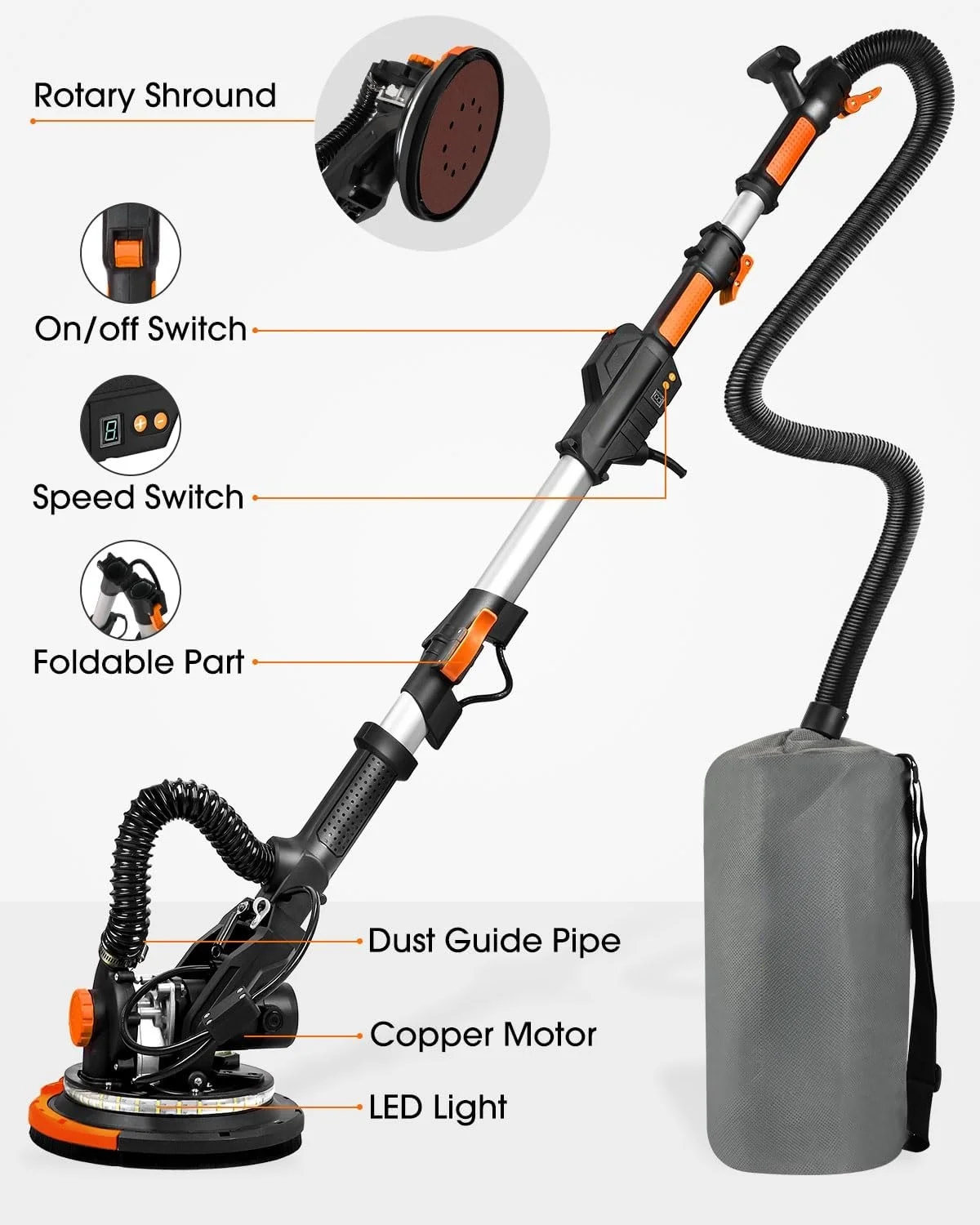 "Electric Drywall Sander with Vacuum Dust Collection, Variable Speed, LED Light, Foldable Handle, Includes Sanding Discs & Grids for Home & Professional Use" - Image 2