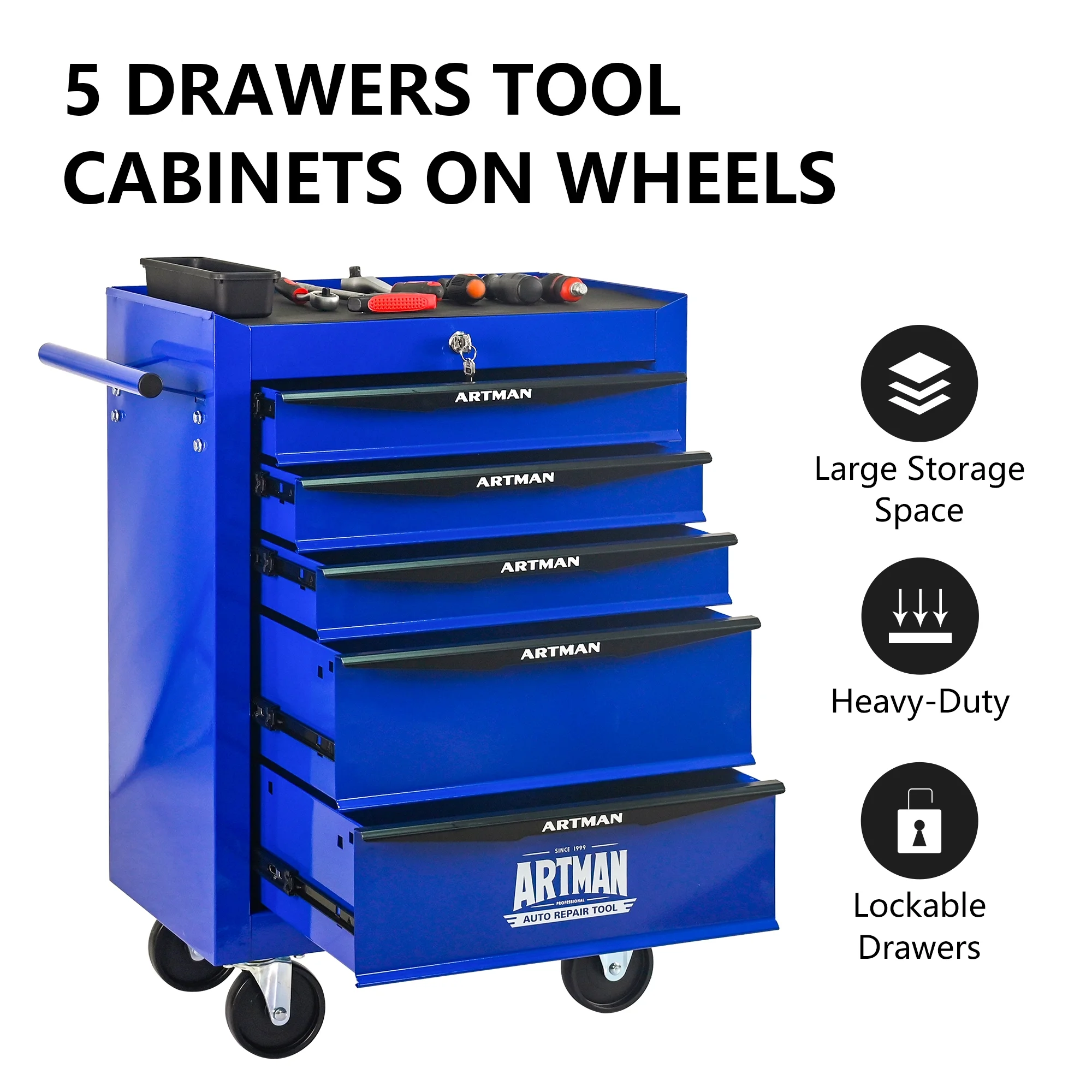 Rolling Metal Tool Chest Cabinet with 5 Drawers & Ball Bearing Drawer Slides, Steel Tool Storage Box Organizer -BLUE - Image 2