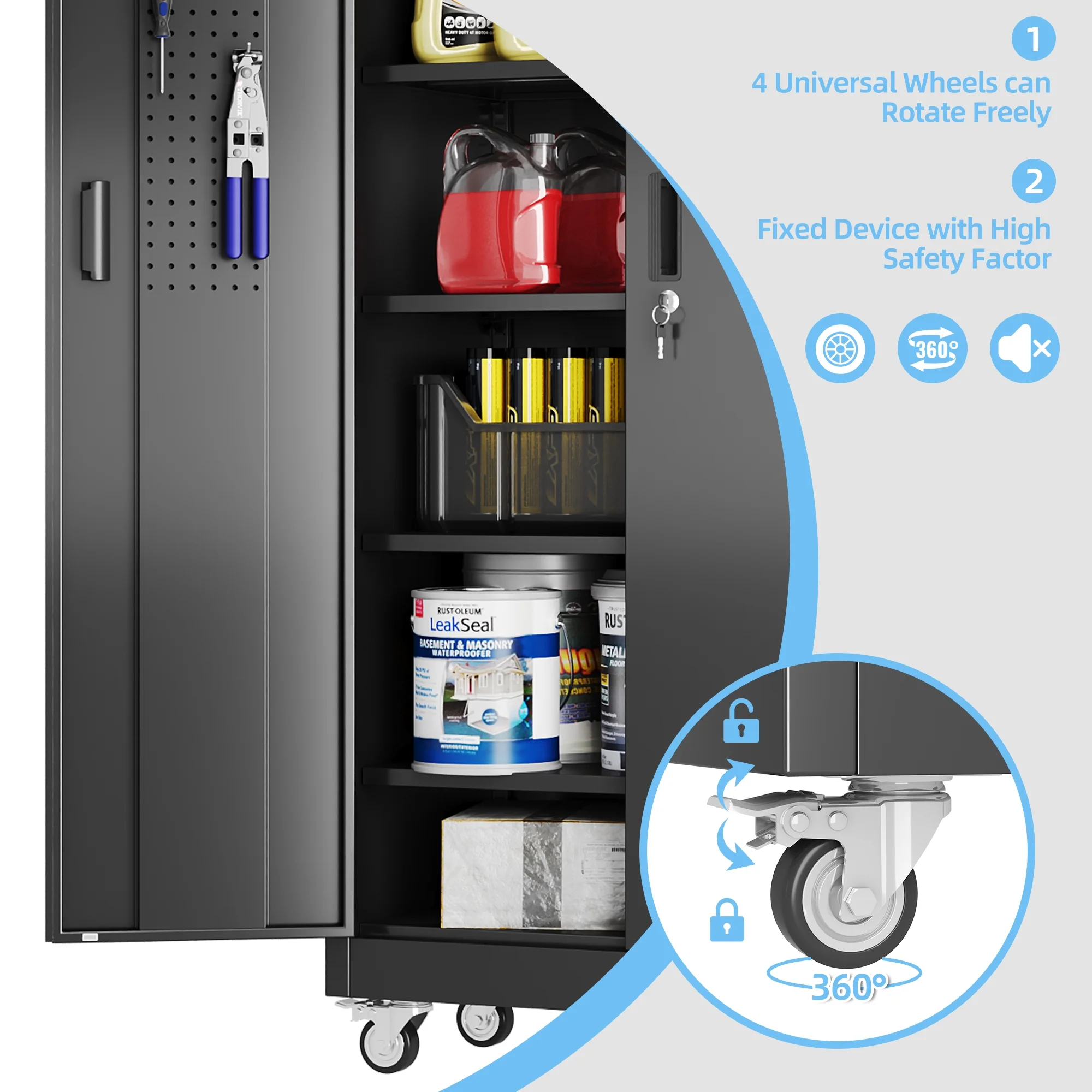 Gaeanet Rolling Tool Storage Cabinet with 5 Adjustable Shelves and Pegboard,Metal Garage Storage Cabinet with Wheels for Garage Home Office Utility Room,71" H-32" W-16" D,Required Assembly, Black - Image 12
