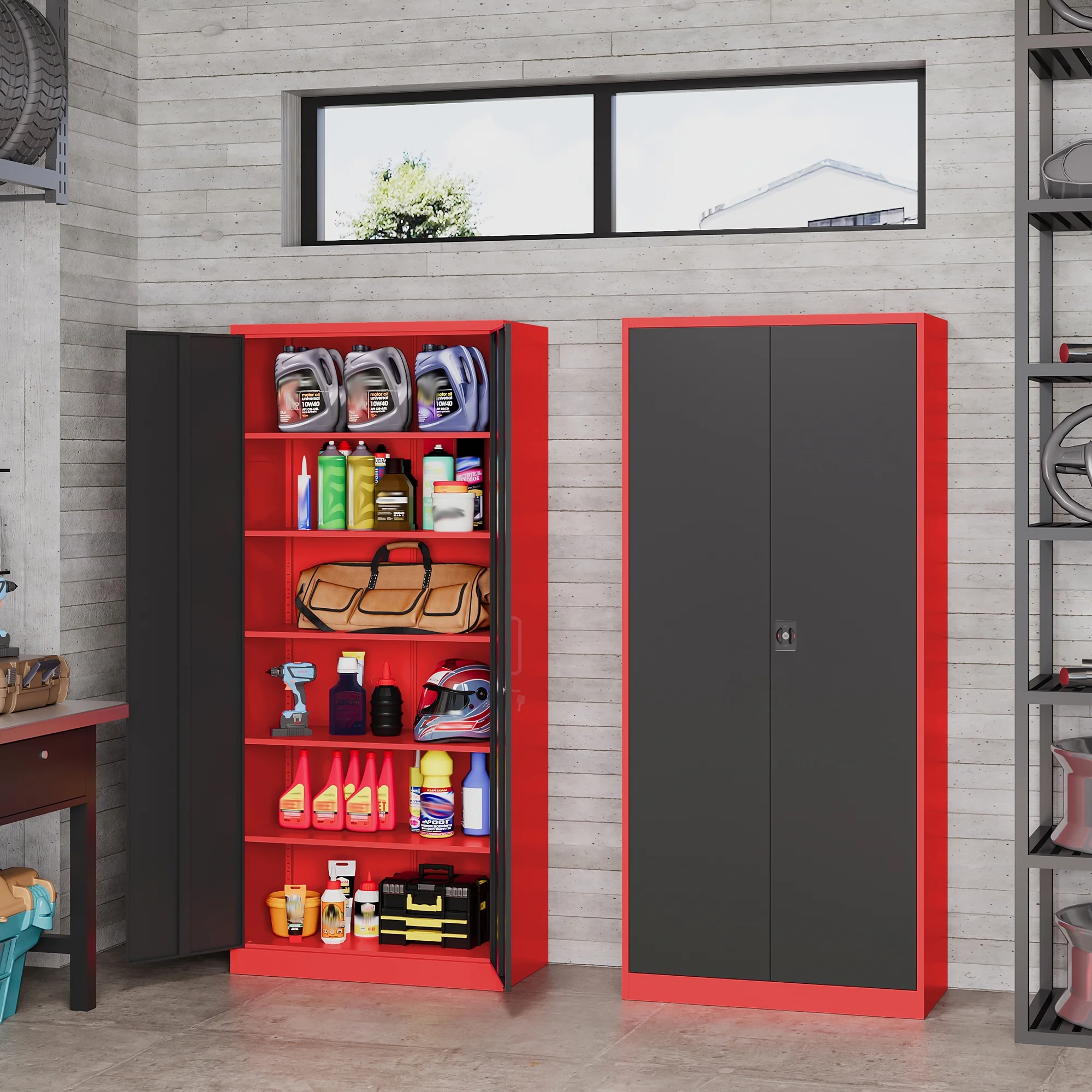 AUHUP 71" Metal Cabinet with 5 Adjustable Shelves, Garage Storage Cabinets with Locking Doors,Tool Storage Cabinet for Home Office,Warehouse,Workshop(Red Black) - Image 2