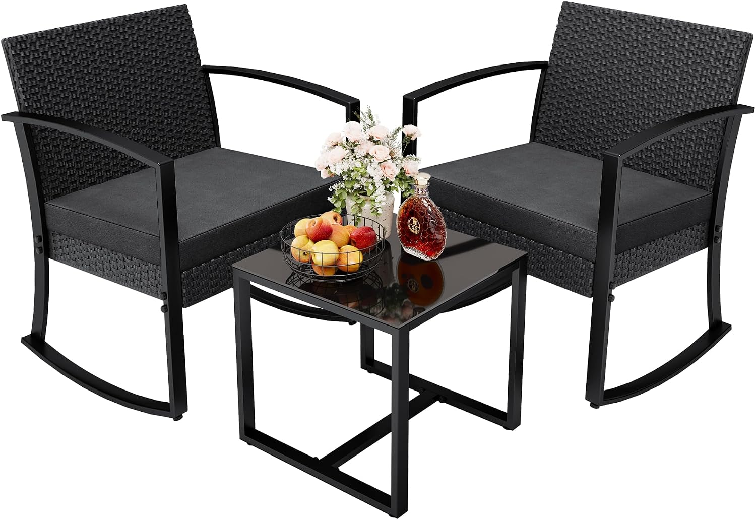 3 Pieces Outdoor Furniture Set, Patio Bistro Rocking Chairs with Glass Coffee Table for Pool, Beach, Backyard, Balcony, Porch, Deck, Garden, Black - Image 2