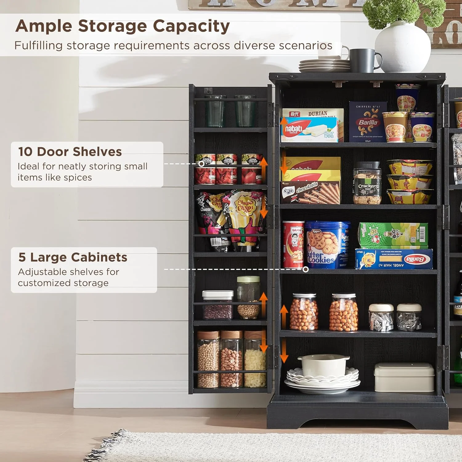 47" Kitchen Pantry, Farmhouse Storage Cabinet with Barn Doors, Organizer and Adjustable Shelves, Rustic Wood Cupboard for Kitchen, Dining Room, Bathroom and Hallway, Black - Image 6