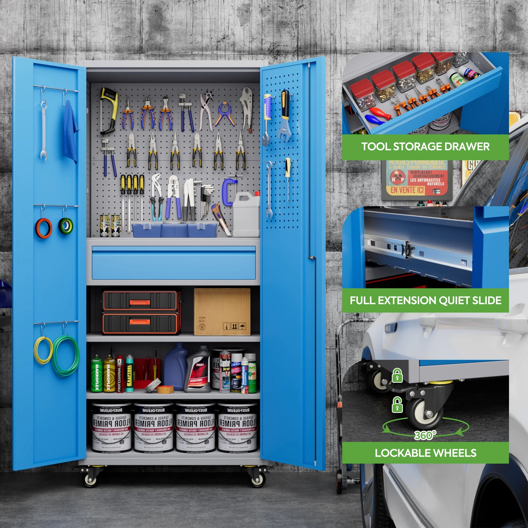 SUPEER 71" Metal Storage Cabinets with Wheels and Pegboards, Industrial Cabinet with 2 Drawers and 2 Adjustable Shelves,, Assembly Required - Image 117