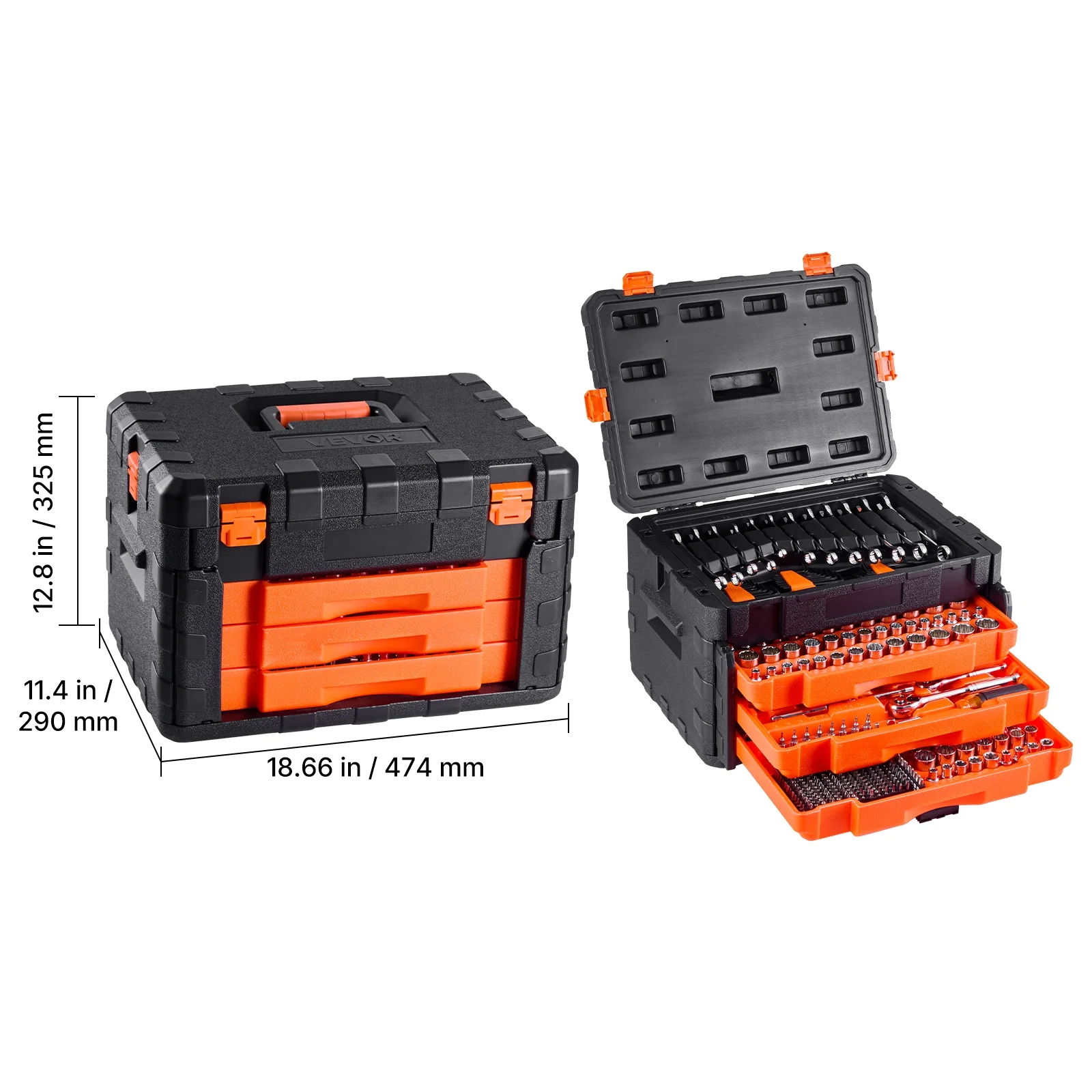 VEVOR Mechanics Tool Set and Socket Set,450 Pcs, 1/4, 3/8 and 1/2 inch Drive Deep and Standard Sockets, SAE Metric Mechanic Tool Kit with Bits, Wrenches, Accessories, Storage Case with Orange Drawer - Image 8