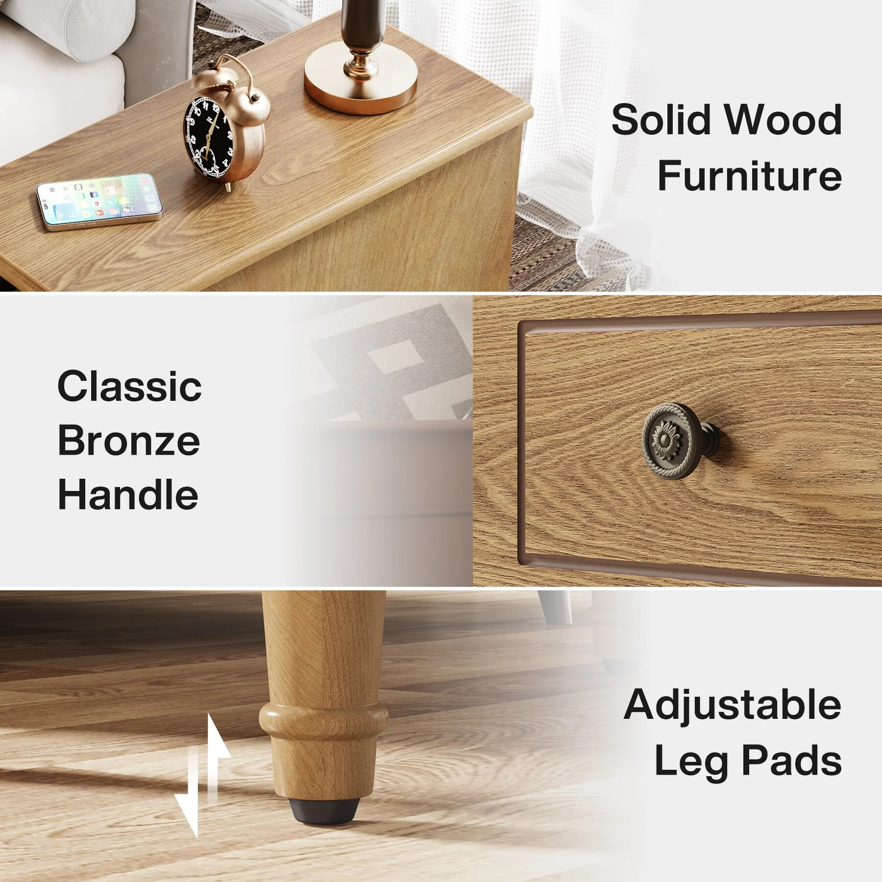 Fully Assembled Narrow End Table, Solid Wood Side Table with 3 Drawers, Vintage Nightstand for Small Spaces - Image 7