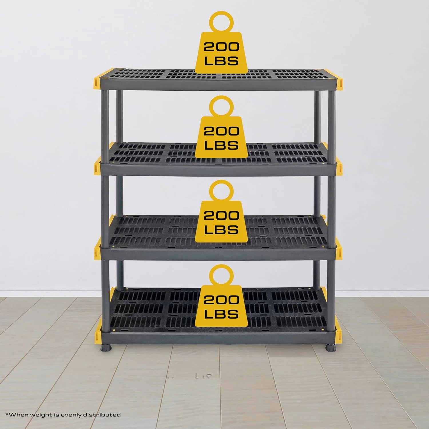 TDUKDB Black and Yellow, 4-Tier Heavy Duty Plastic Storage Shelving Unit, 200lbs/shelf (55-H x 48-W x 20-D), for Indoor/Outdoor Organization, Modular Rack - Image 3