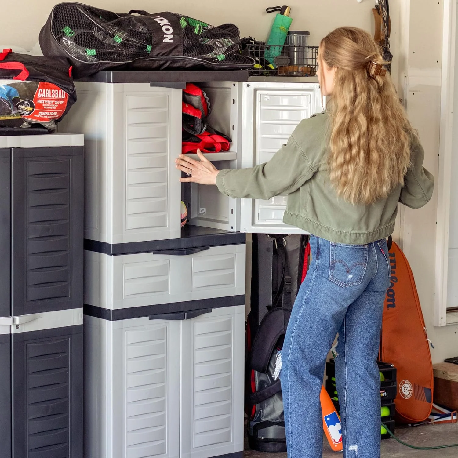Plastic Garage Storage Cabinet with 2 Adjustable Shelves - 57" H - Garage, Office, Home, Laundry Room - Gray with Charcoal Trim - Image 9