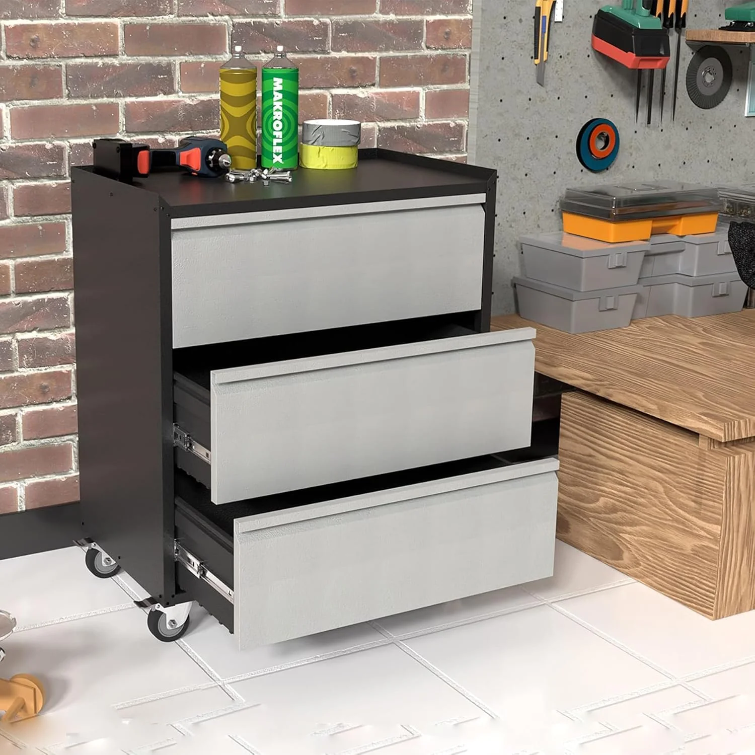 Metal Storage Cabinet with Wheels, Rolling Tool Cabinet, Garage Storage Cabinet with 3 Drawer for Tools - Image 3