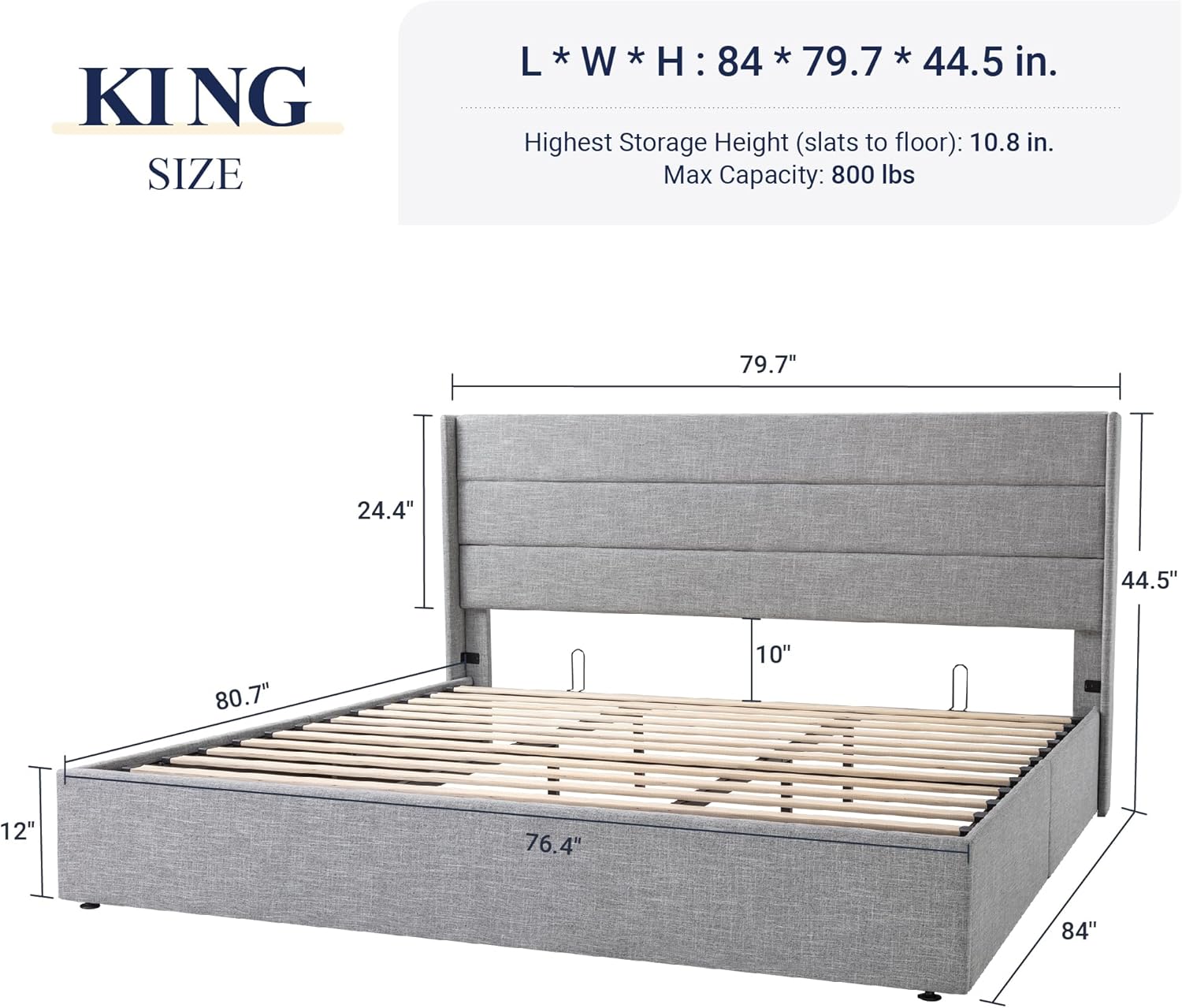 Queen Size Lift Up Storage Bed with Wingback Headboard, Upholstered Platform Bed Frame with Hidden Storage - Image 8