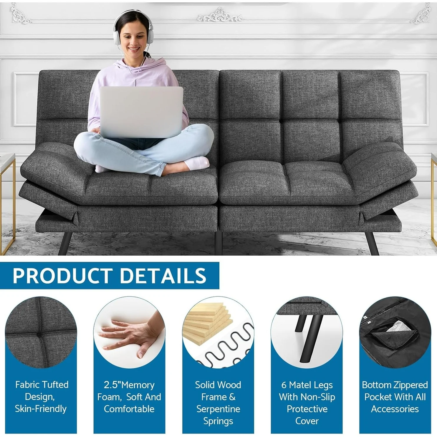 Convertible Futon Sofa Bed with Memory Foam, Foldable Loveseat Sleeper with Adjustable Armrests - Image 6