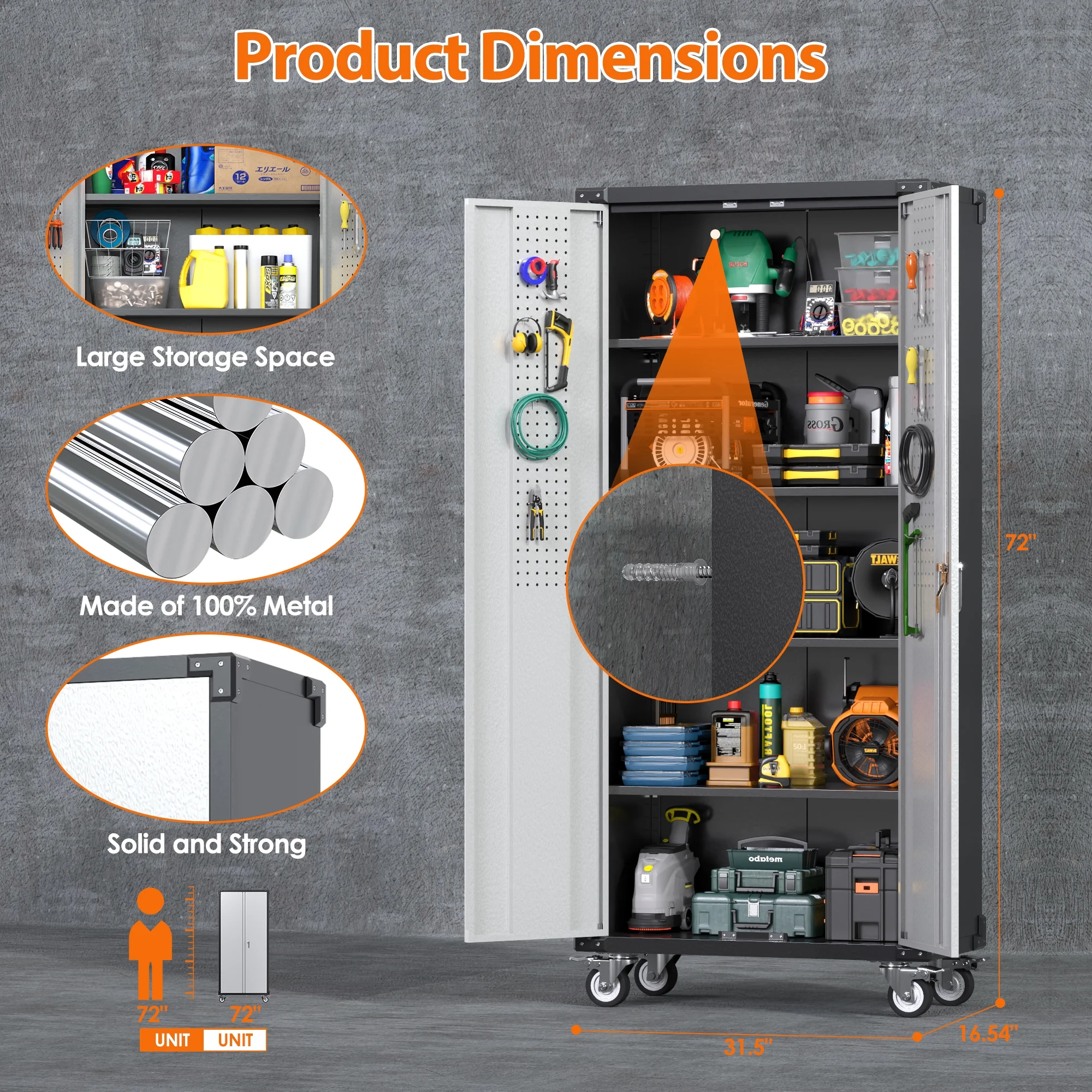 SUPEER 71" Metal Storage Cabinets with Wheels and Pegboards, Industrial Cabinet with 2 Drawers and 2 Adjustable Shelves,, Assembly Required - Image 62
