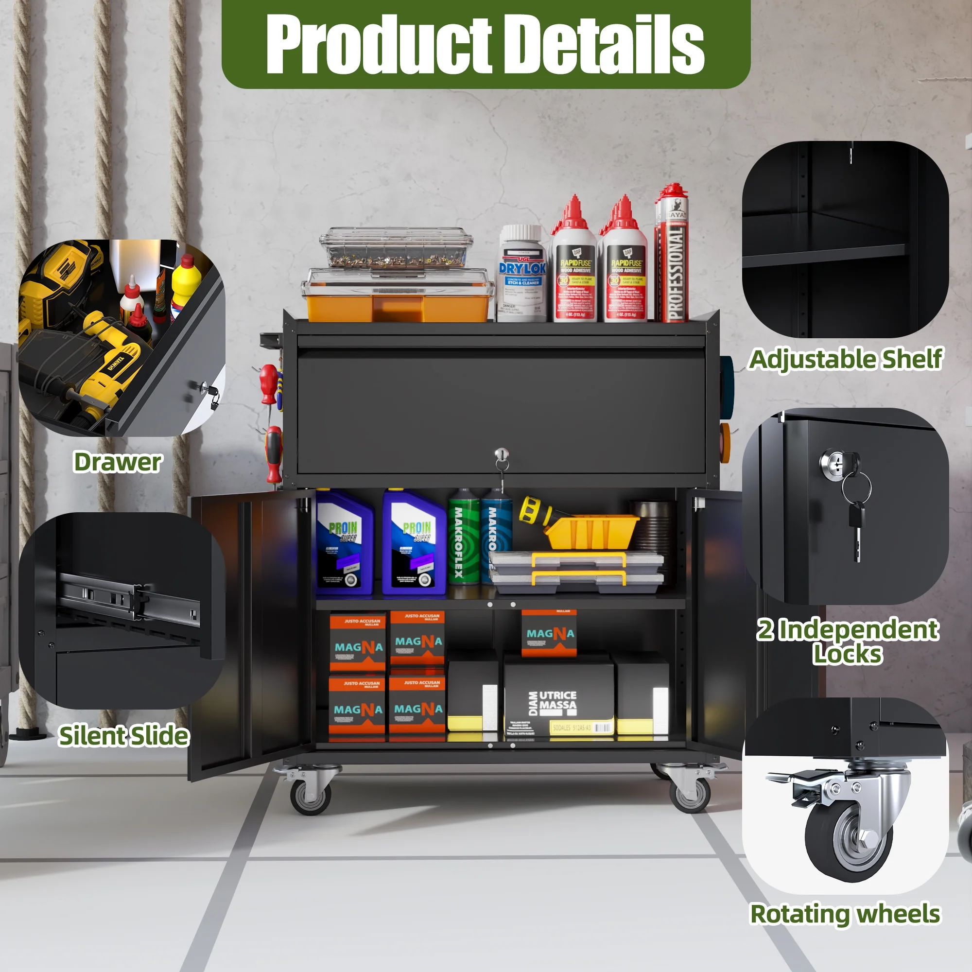 Gaeanet Rolling Tool Storage Cabinet with 5 Adjustable Shelves and Pegboard,Metal Garage Storage Cabinet with Wheels for Garage Home Office Utility Room,71" H-32" W-16" D,Required Assembly, Black - Image 131