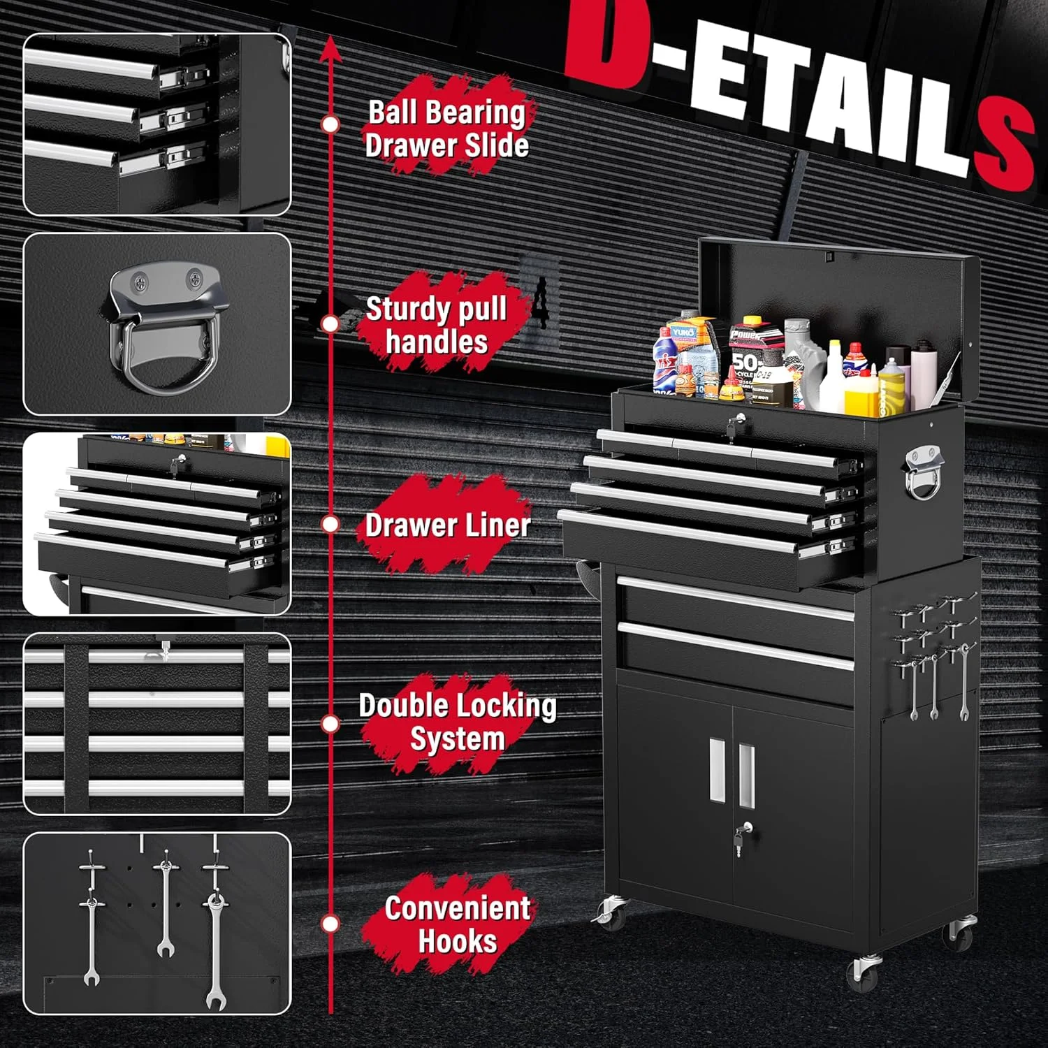 SUNCROWN 2-IN-1 Tool Chest, 8-Drawer Rolling Tool Chest with Hooks and Lockable Wheels,Metal Storage Detachable Top Tool Box with Lockable Wheels for Garage, Workshop, Art Studio(Black) - Image 8