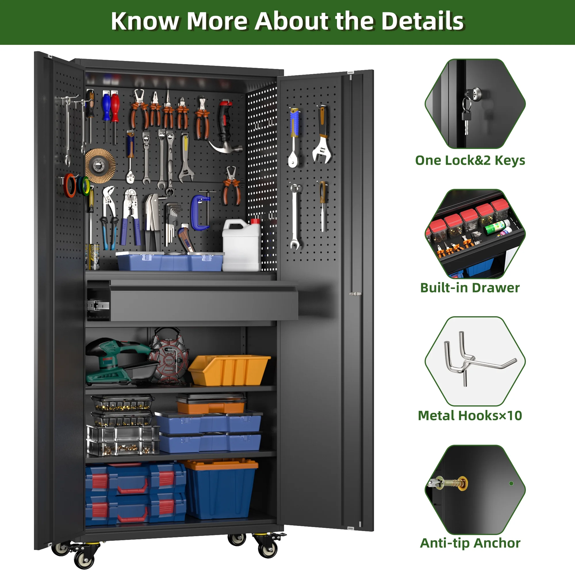 SUPEER 71" Metal Storage Cabinets with Wheels and Pegboards, Industrial Cabinet with 2 Drawers and 2 Adjustable Shelves,, Assembly Required - Image 57