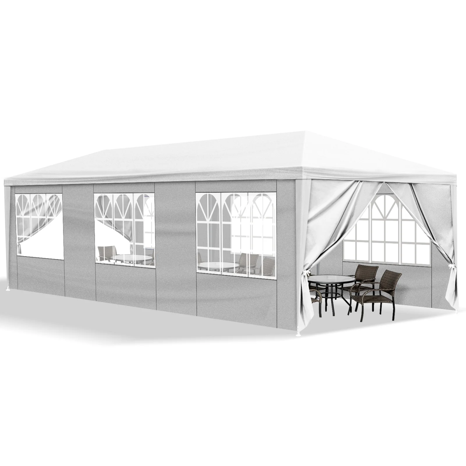 10'x30' White Outdoor Party Tent Gazebo - Waterproof PE Canopy with 8 Removable Sidewalls & Windows, Heavy Duty Iron Frame for Weddings, Events, Patios & Backyards - Image 6