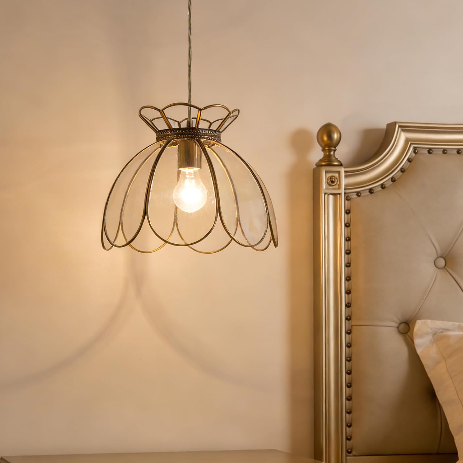 Brass Glass Ceiling Pendant Light, Hanging Lamp with Vintage Lotus Flower Glass Shade for Kitchen Island Dining Room Entryway Living Room-12inches Clear Large Shade - Image 2