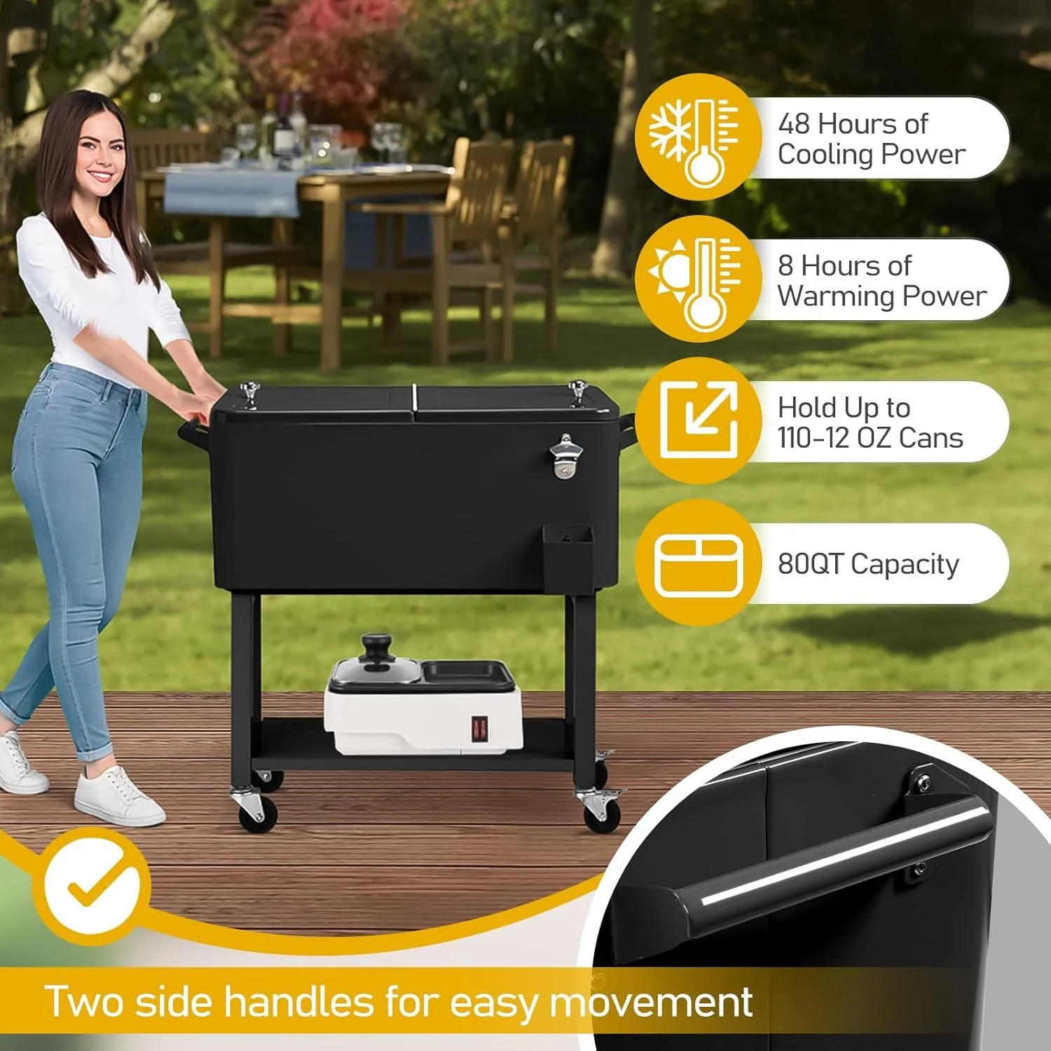 ?Large 80 Quart Portable Rolling Cooler with Lockable Lid, Features Catch Basin, Utility Tray, and Bottle Opener for Patio, Parties, Boating, and Vacation? - Image 5