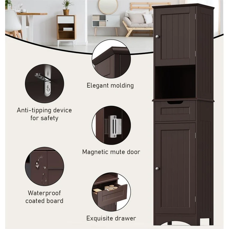 67 Inch Tall Narrow Bathroom Linen Cabinet, 5-Tier Solid Wood Freestanding Storage Cabinet - Image 7
