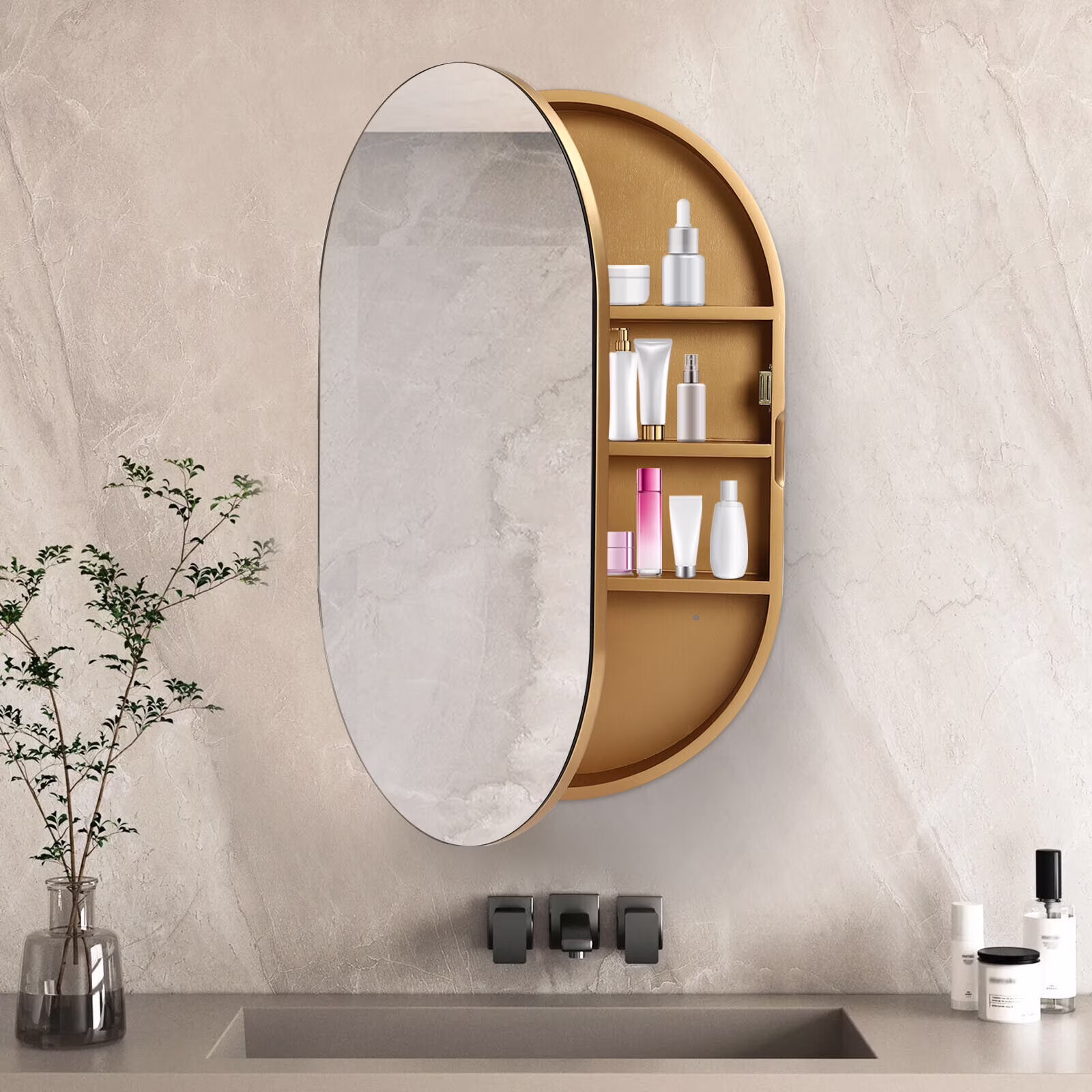 Fichiouy Bathroom Mirror Cabinet Oval Wall Mounted Cabinet Storage Cabinet with Mirror for Bathroom 19.76" x 30.82" - Image 3