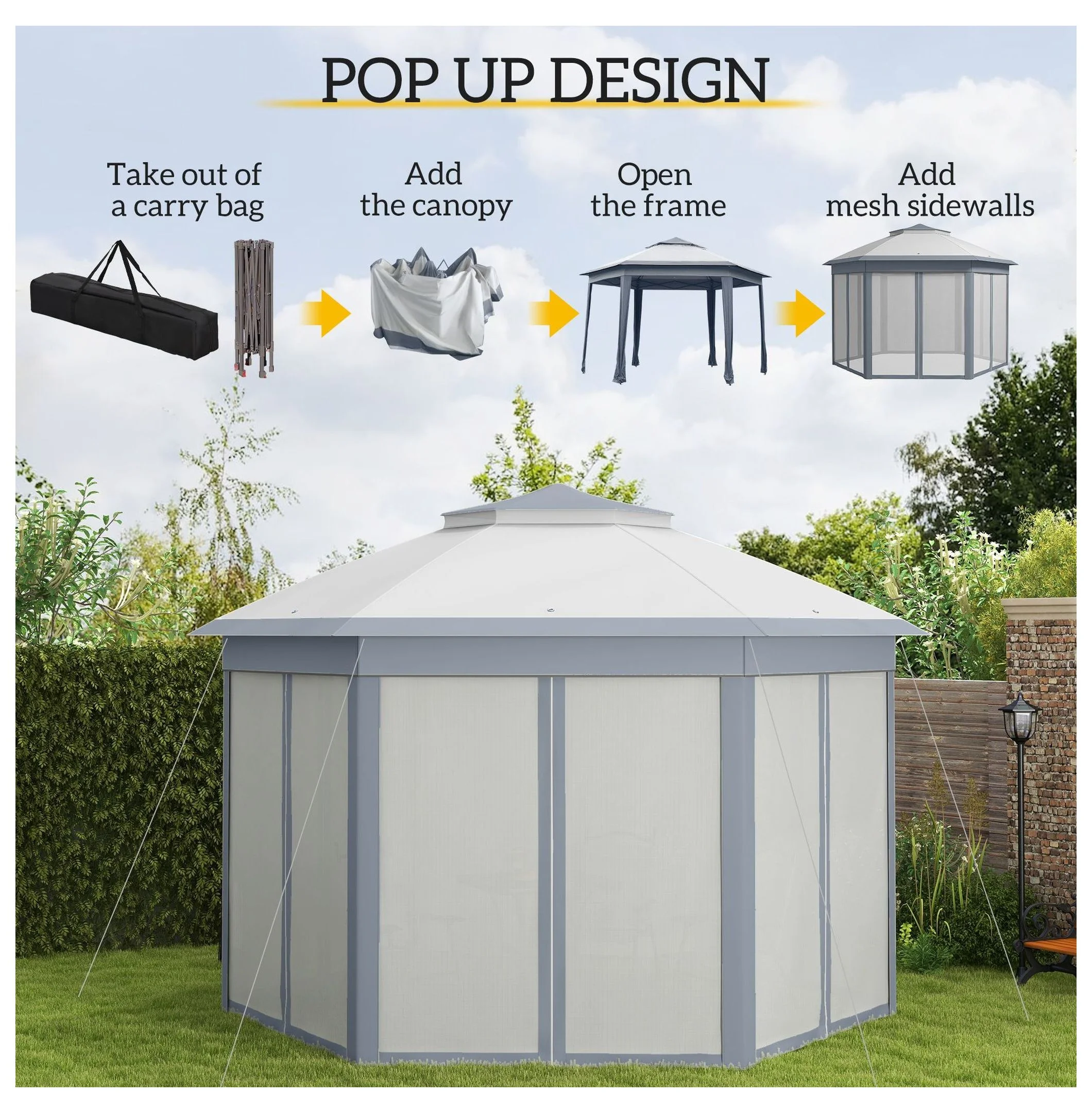 SAZYY 13'x13' Pop Up Gazebo Hexagonal Canopy Shelter with 6 Zippered Mesh Netting for Patio Backyard Garden Wedding Party - Image 4