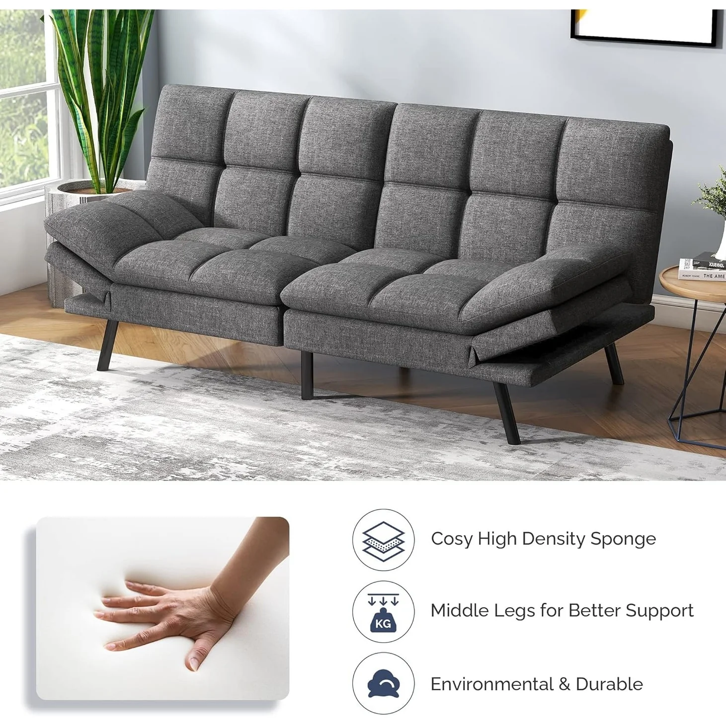 Convertible Futon Sofa Bed with Memory Foam, Foldable Loveseat Sleeper with Adjustable Armrests - Image 15