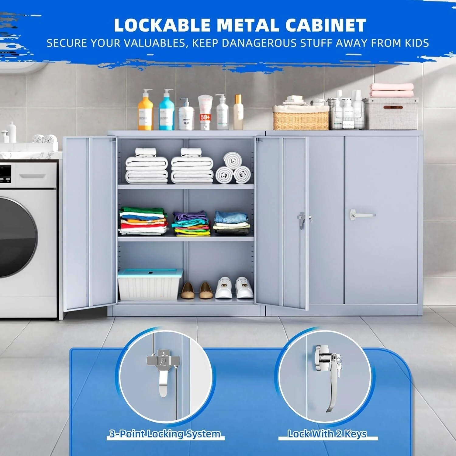 36" Metal Garage Storage Cabinet with 2 Locking Doors and 2 Adjustable Shelves Grey - Image 16