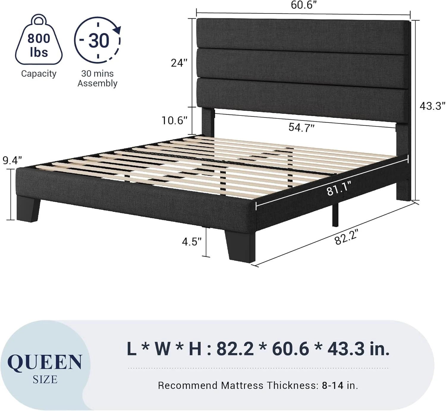 Queen Size Upholstered Platform Bed Frame, Dark Gray Fabric Bed with Headboard for Bedroom - Image 2