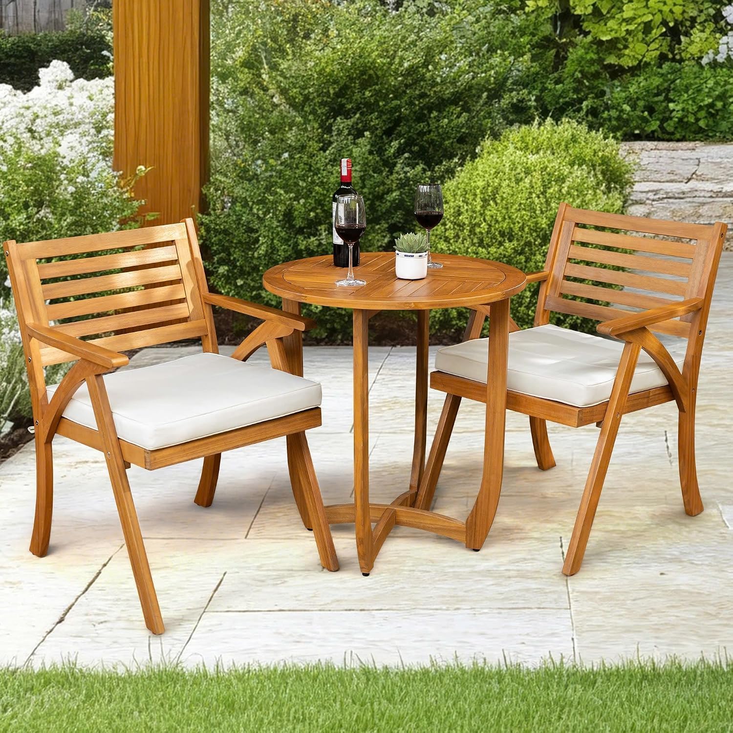 Heavy Duty 400lbs Capacity Patio Bistro Sets, 3 Piece Outdoor Folding Chairs with Cushions and Square Table, FSC-Certified Acacia Wood, Space-Saving Design for Balcony, Garden and Porch - Image 9