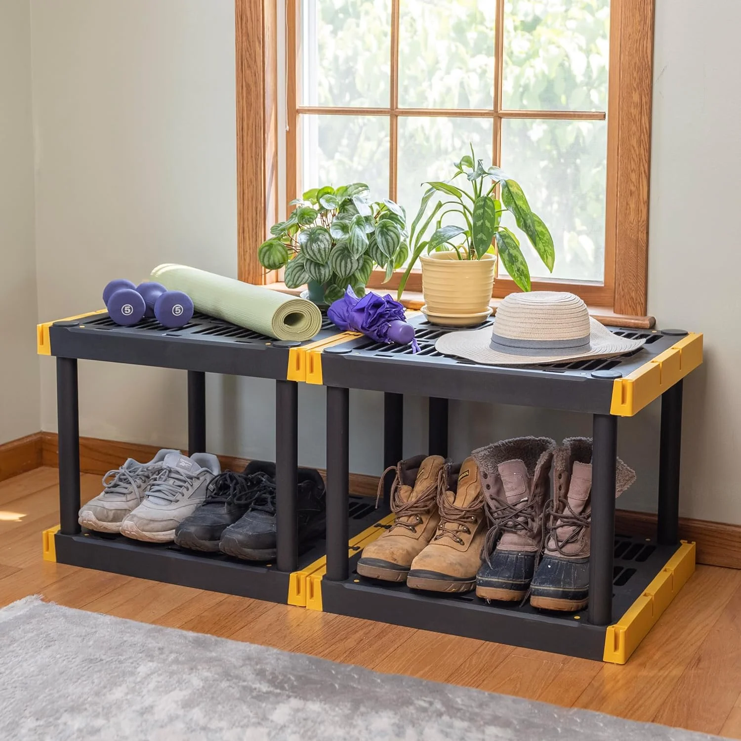 BLACK & YELLOW 4-Tier Heavy Duty Plastic Storage Shelving Unit, 100lbs/shelf (55"H x 24"W x 20"D), for Indoor/Outdoor Organization, Modular Rack, Extremely Durable, Made in The USA - Image 6