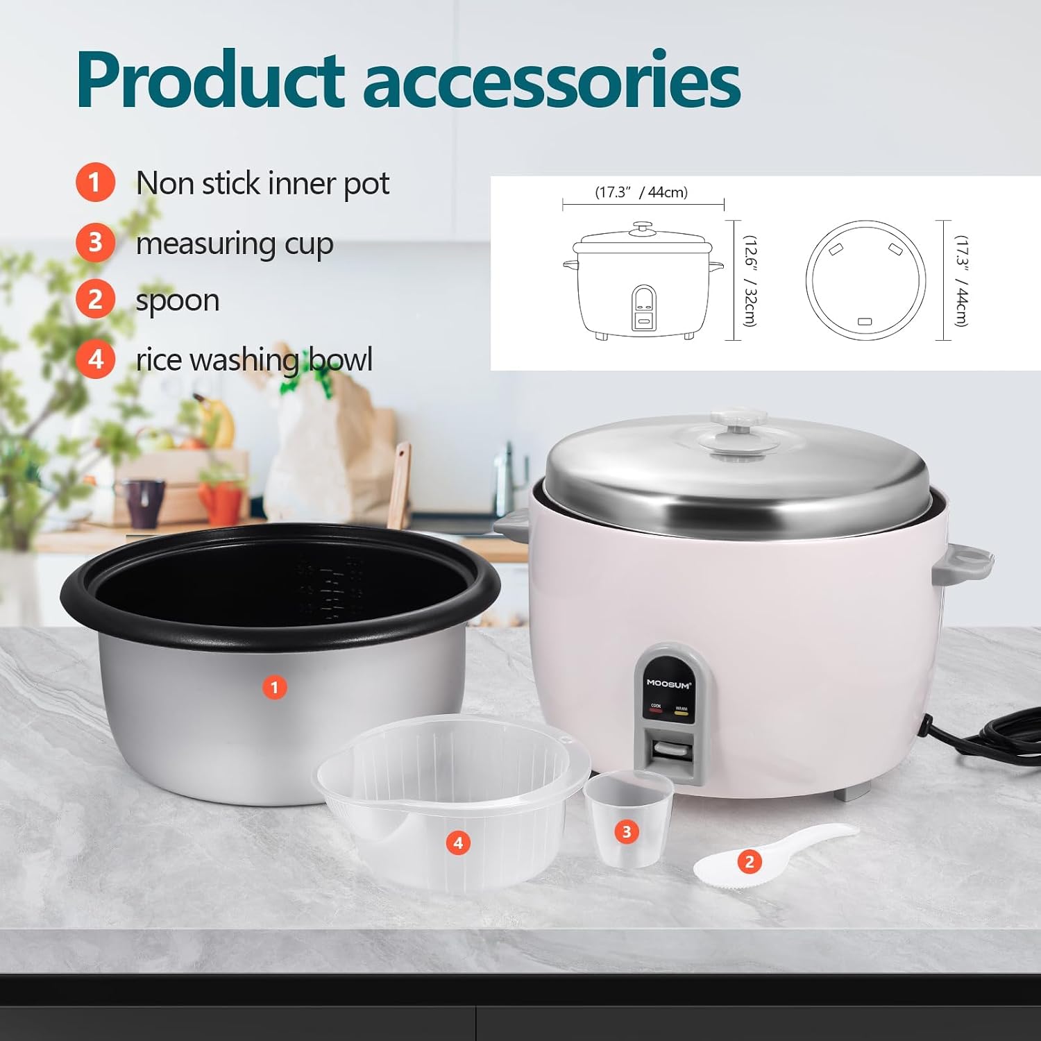 Commercial Rice Cooker, Large Capacity 30-Cup (UnCooked), 60-Cup (Cooked) with One Touch Operation and 12-Hour Keep Warm, Easy to Use and clean, 1600W, White - Image 6