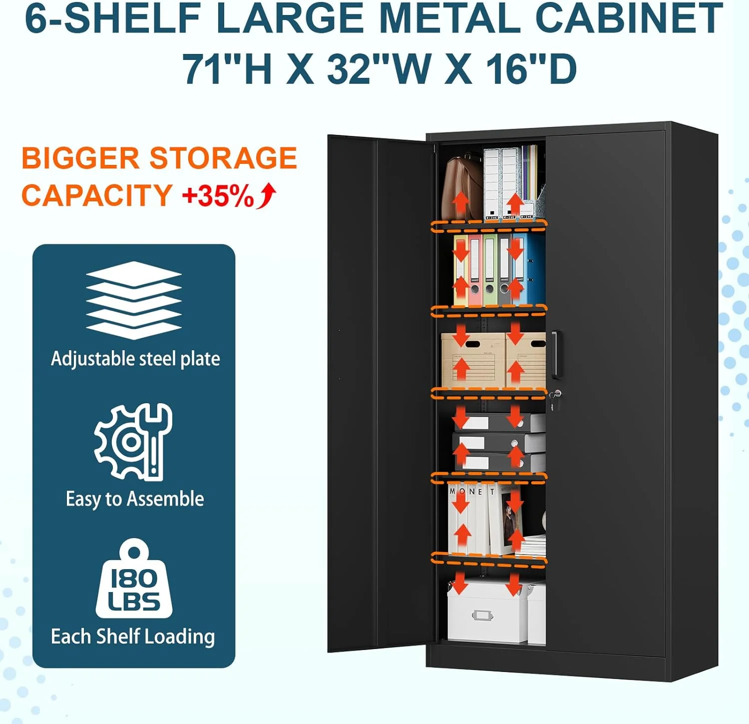 MIIIKO Metal Storage Cabinet with Locking Doors, Black Garage Lockable Steel Cabinets with 4 Doors and 5 Shelves for Home, Garage, Pantry Workshop Warehouse - Image 2