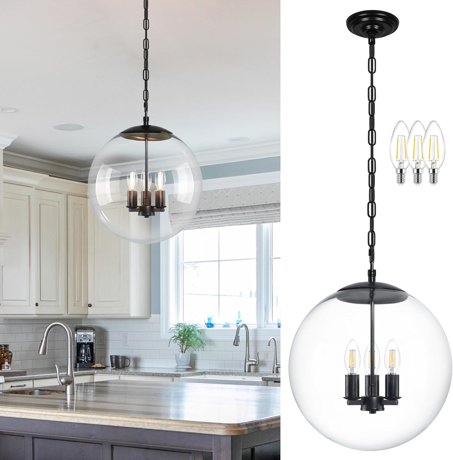 14" Gold Globe Pendant Light, Mid Century Pendant Light, Clear Glass Pendant Lights, Kitchen Island Adjustable Hanging Light Fixture for Dining Room, Bedroom, Kitchen Island - Image 25