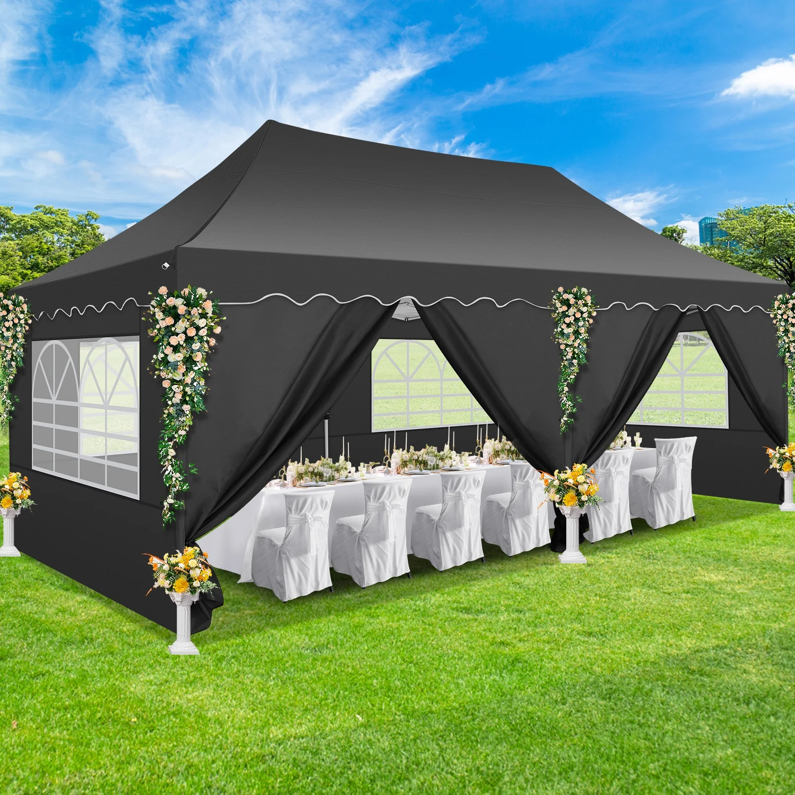 SANOPY 10' x 20' Pop up Canopy Party Tent with 6 Removable Sidewalls, Wave Eave Outdoor Waterproof Patio Gazebo Tent with Carry Bag, Backyards Camping Picnics, Black - Image 2
