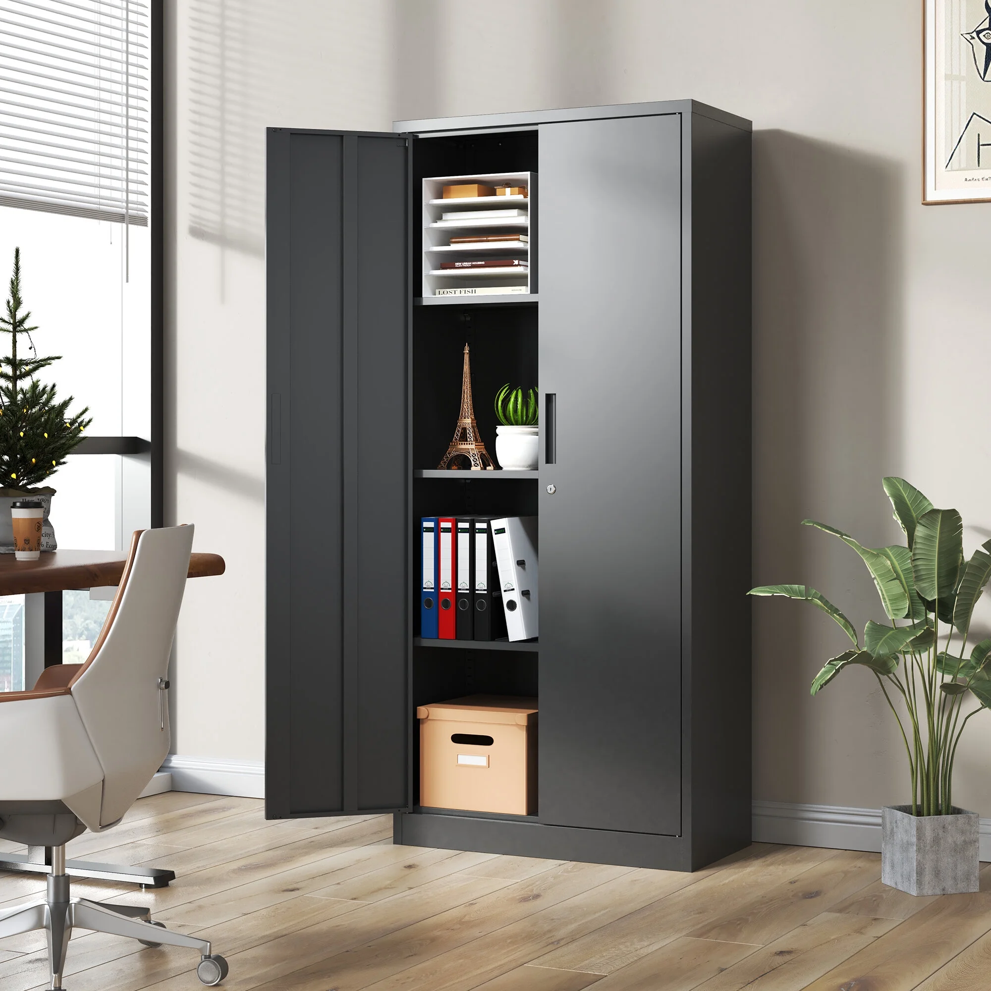DUOSONG 71"H Metal Garage Storage Cabinet, Black Tool Steel Locking Cabinet With Doors And 3 Shelves, Tall Cabinets For Garage Storage Systems Lockable File Cabinet For Home Office, Classroom/Pantry - Image 2