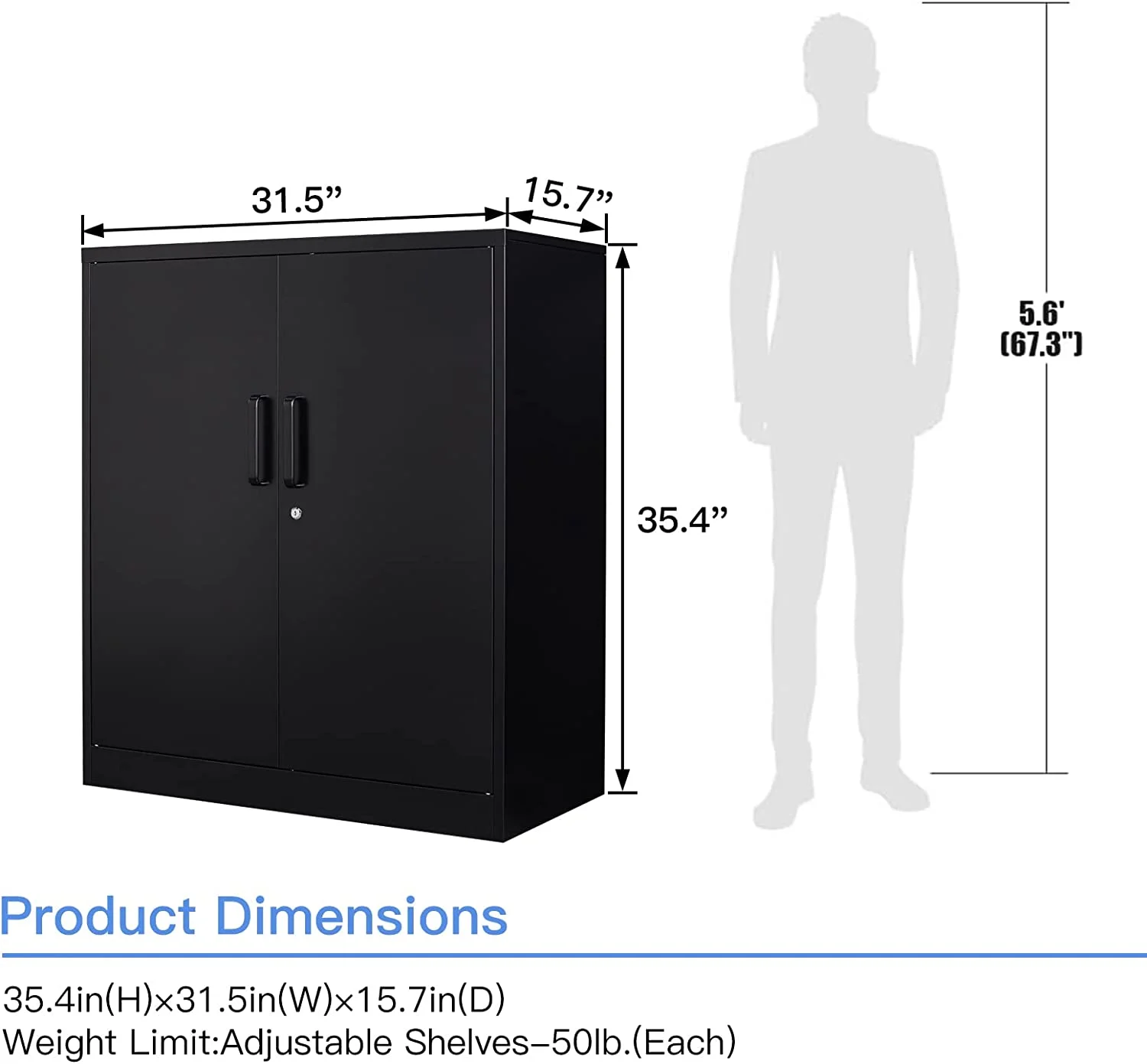 Metal Garage Storage Cabinet with 2 Doors and 2 Adjustable Shelves - 35.5" Steel Lockable File Locking Counter Cabinet for Home Office,Gym,School-Black- - Image 3
