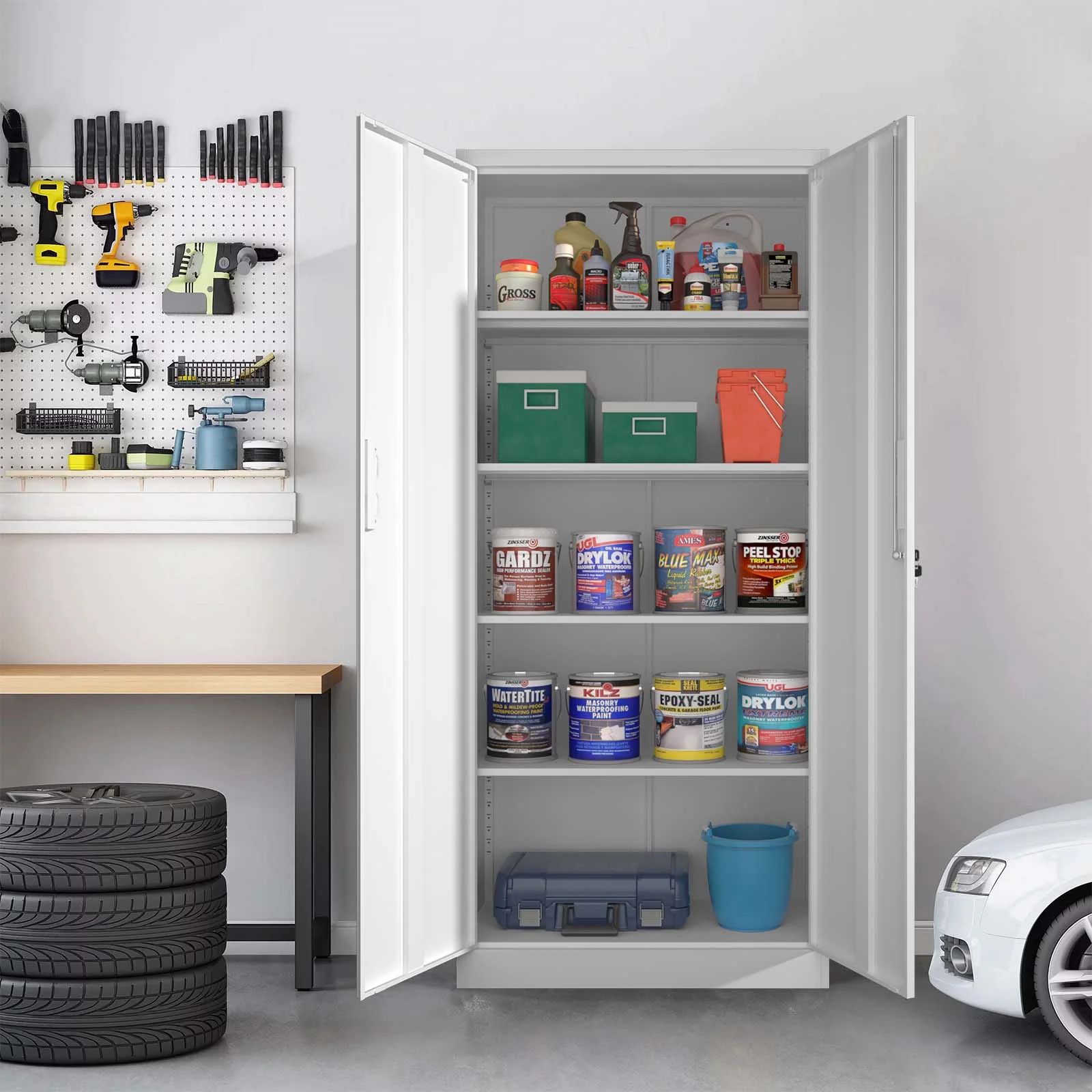 Odaof Metal Garage Storage with 2 Doors and 4 Adjustable Shelves,71" Lockable Tall Steel Cabinet for Office,Garage,School,Home (White) - Image 10