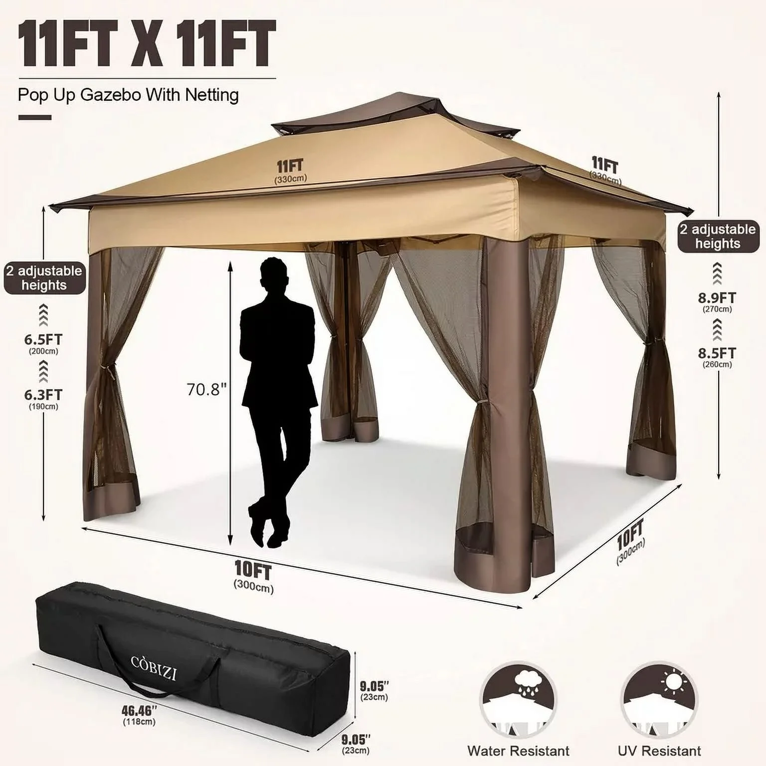 COBIZI 11x11 Pop up Gazebo Outdoor Canopy Gazebo Patio Gazebo with Mosquito Netting Canopy Shelter with 121 Square feet of Shade for Poolside, Garden, Party and Backyard, Khaki - Image 32