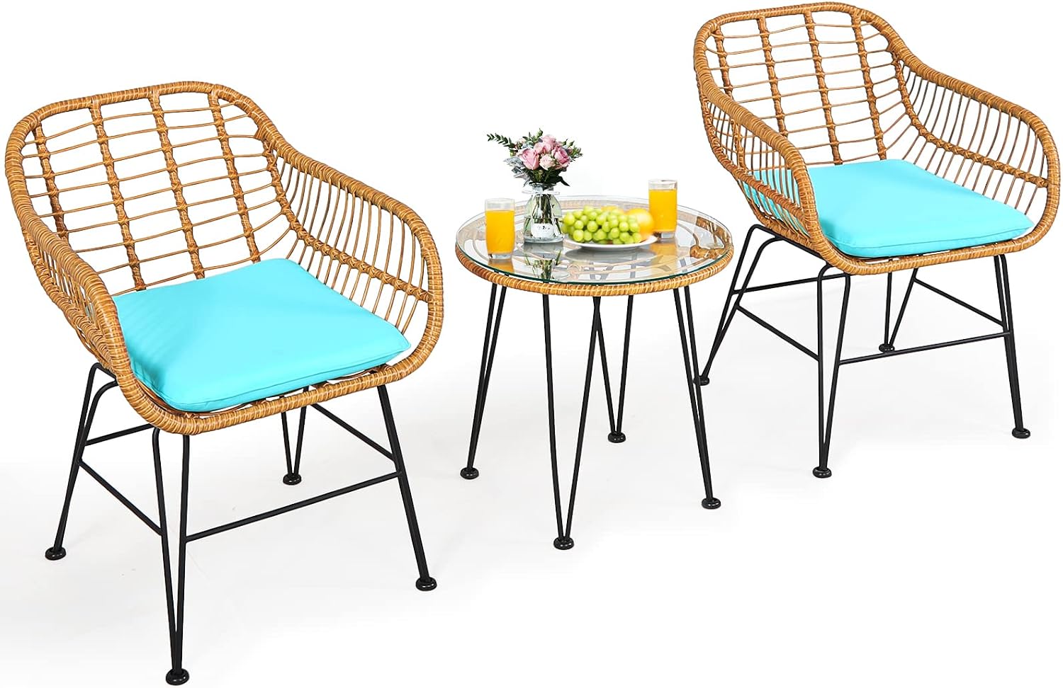 3 Pieces Patio Bistro Set, Rattan Conversation Set with 2 Cushioned Armchairs & Round Glass Coffee Table, Indoor Outdoor Wicker Furniture Set for Balcony, Backyard, Garden, Poolside - Image 4