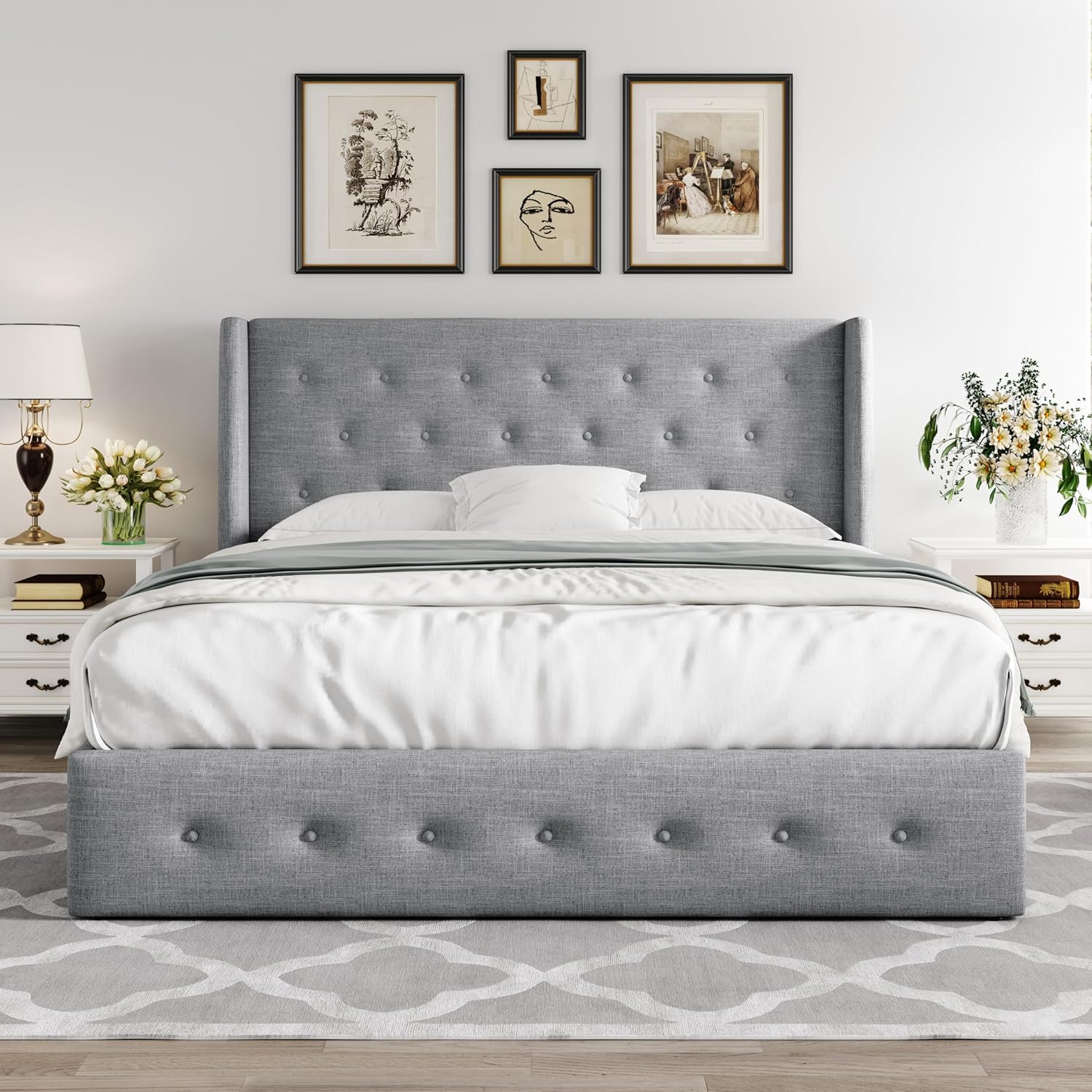 Queen Size Lift Up Storage Bed with Wingback Headboard, Upholstered Platform Bed Frame with Hidden Storage - Image 167