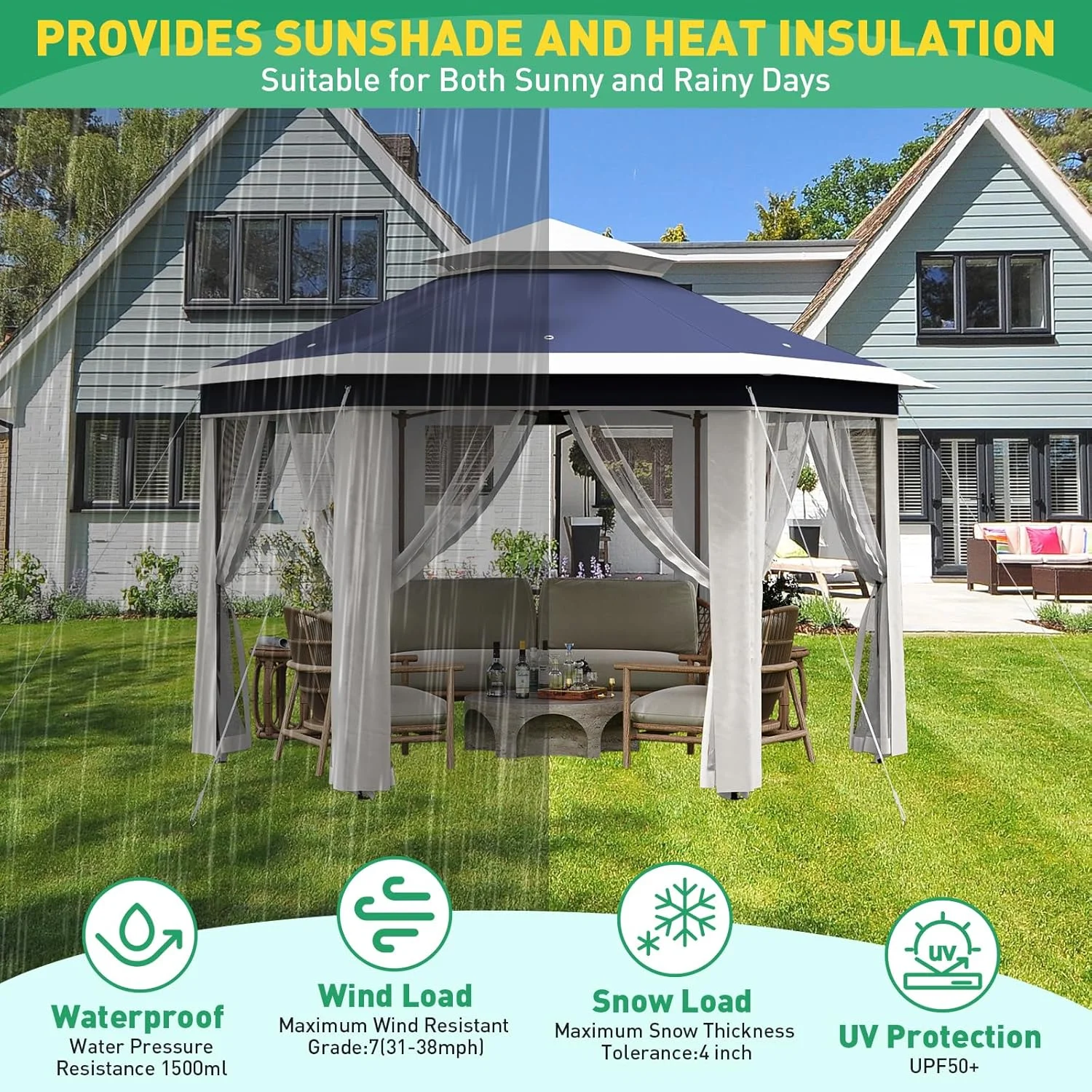 Pop Up Gazebo 13x13ft, Hexagonal Outdoor Canopy Shelter, Instant Patio Gazebo Tent with Mesh Netting and Strong Steel Frame for Patio Backyard Garden Wedding Party - Image 21