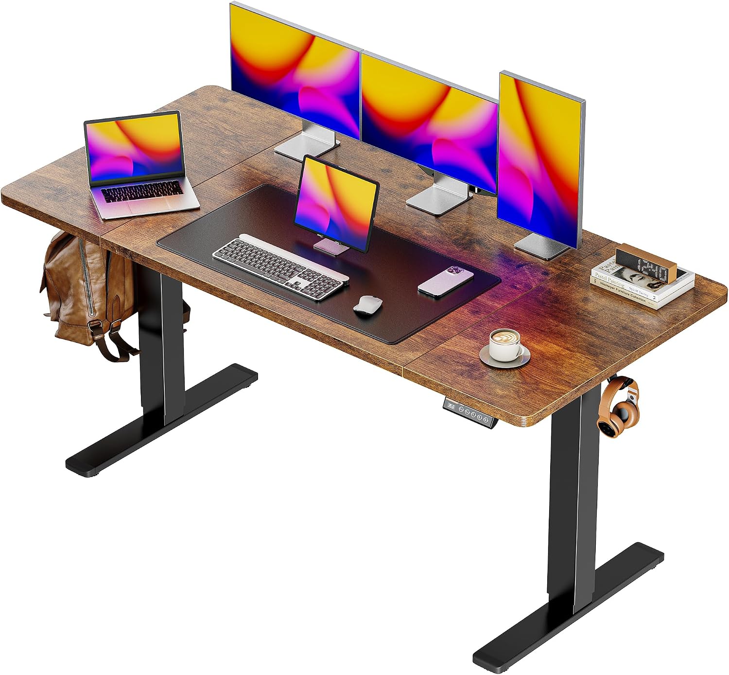 55 x 28 Large Electric Standing Desk, Height Adjustable Computer Desk, 27.6" Deep Desktop, Stand up Gaming Office Desk with 2 Hooks, 3 Preset Heights, for Home Office, Rustic Brown - Image 9
