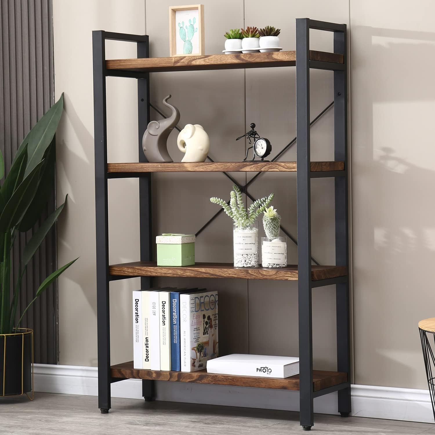 5-Tier Bookcase, Rustic Vintage Industrial Etagere Bookshelf, Solid Wood & Metal Freestanding Bookcase, Retro Brown