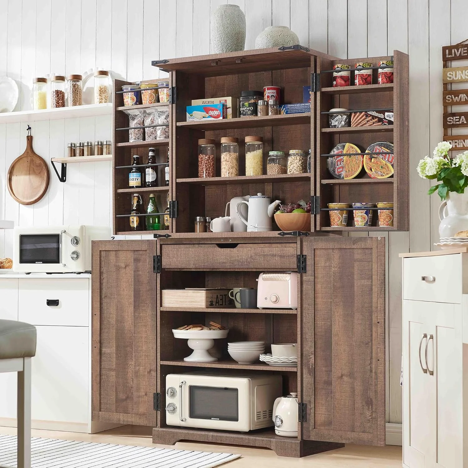 47" Kitchen Pantry, Farmhouse Storage Cabinet with Barn Doors, Organizer and Adjustable Shelves, Rustic Wood Cupboard for Kitchen, Dining Room, Bathroom and Hallway, Black - Image 13