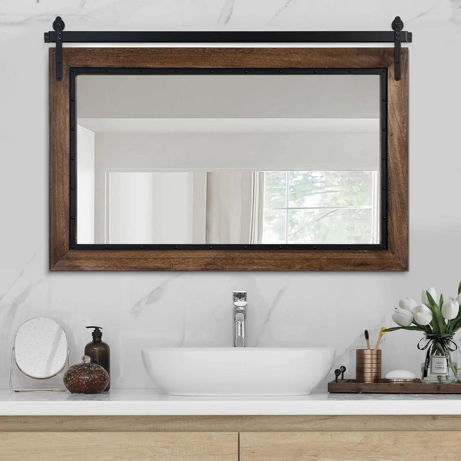 Farmhouse Barn Door Style Bathroom Vanity Mirror, Natural Wood Wall Mirror for Bathroom, Bedroom and Entryway - Image 15