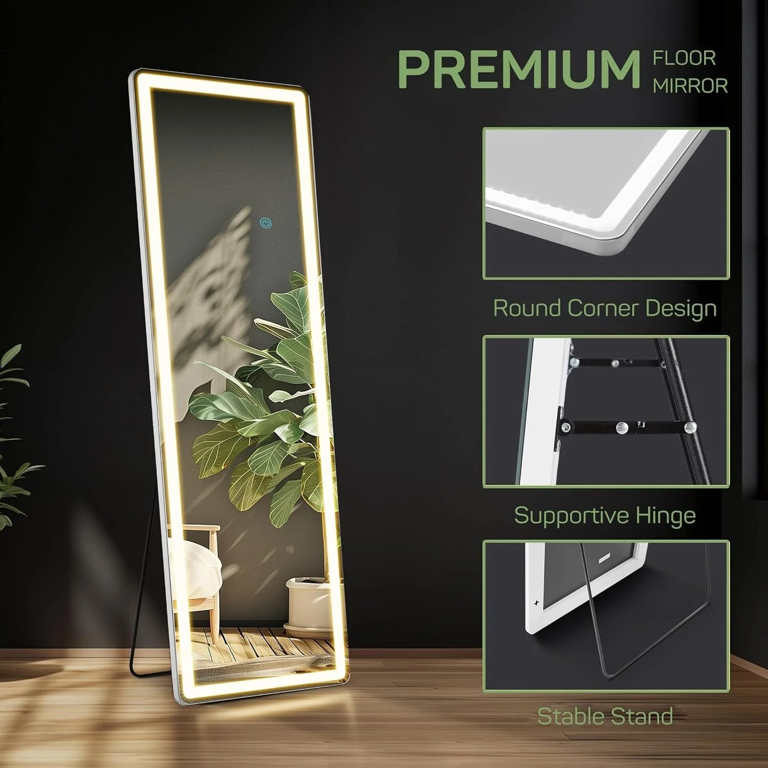 64 x 21 Inch Full Length LED Floor Mirror with Stand, Full Body Wall Mounted Mirror - Image 6