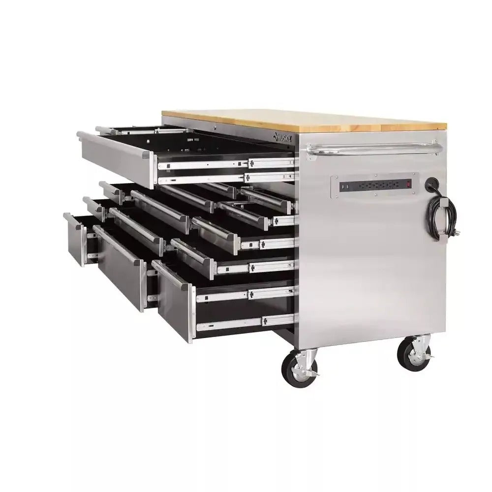 72-Inch 18-Drawer Mobile Workbench, 24-Inch Deep, with Solid Wood Top and Stainless Steel Finish - Image 3