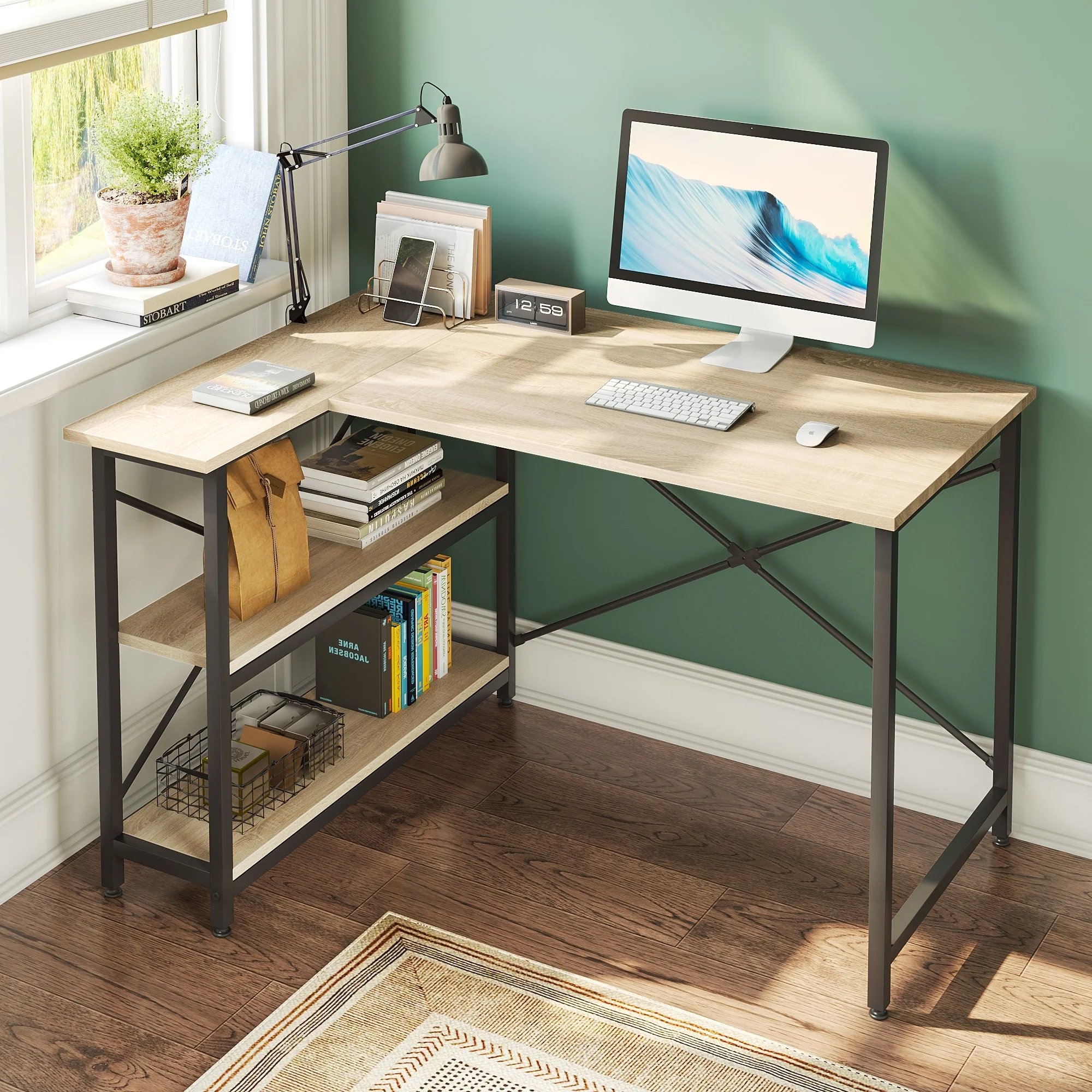 Small L Shaped Computer Desk with Storage Shelves, Compact Corner Workstation for Home Office and Study - Image 5