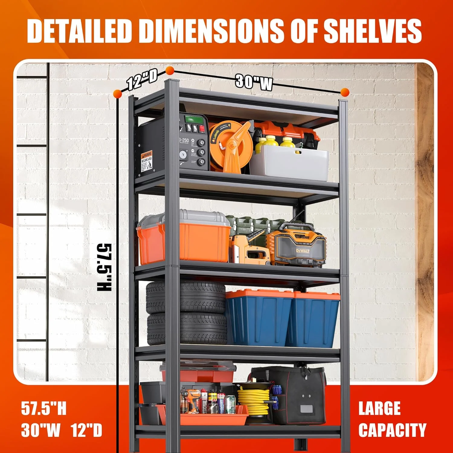Garage Shelving Heavy Duty Storage Racks Easy to Assemble 5 Tier Adjustable Metal Shelving Racks Garage Storage Racks for Garages,Basements and Warehouses (12" D x 30" W x 57.5" H) - Image 3